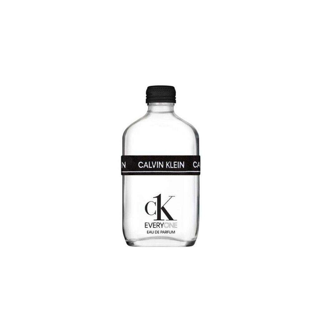 Klarer Flakon mit schwarzem Verschluss und Band mit "CALVIN KLEIN" Schriftzug. "ck EVERYONE" und "EAU DE PARFUM" darunter.
