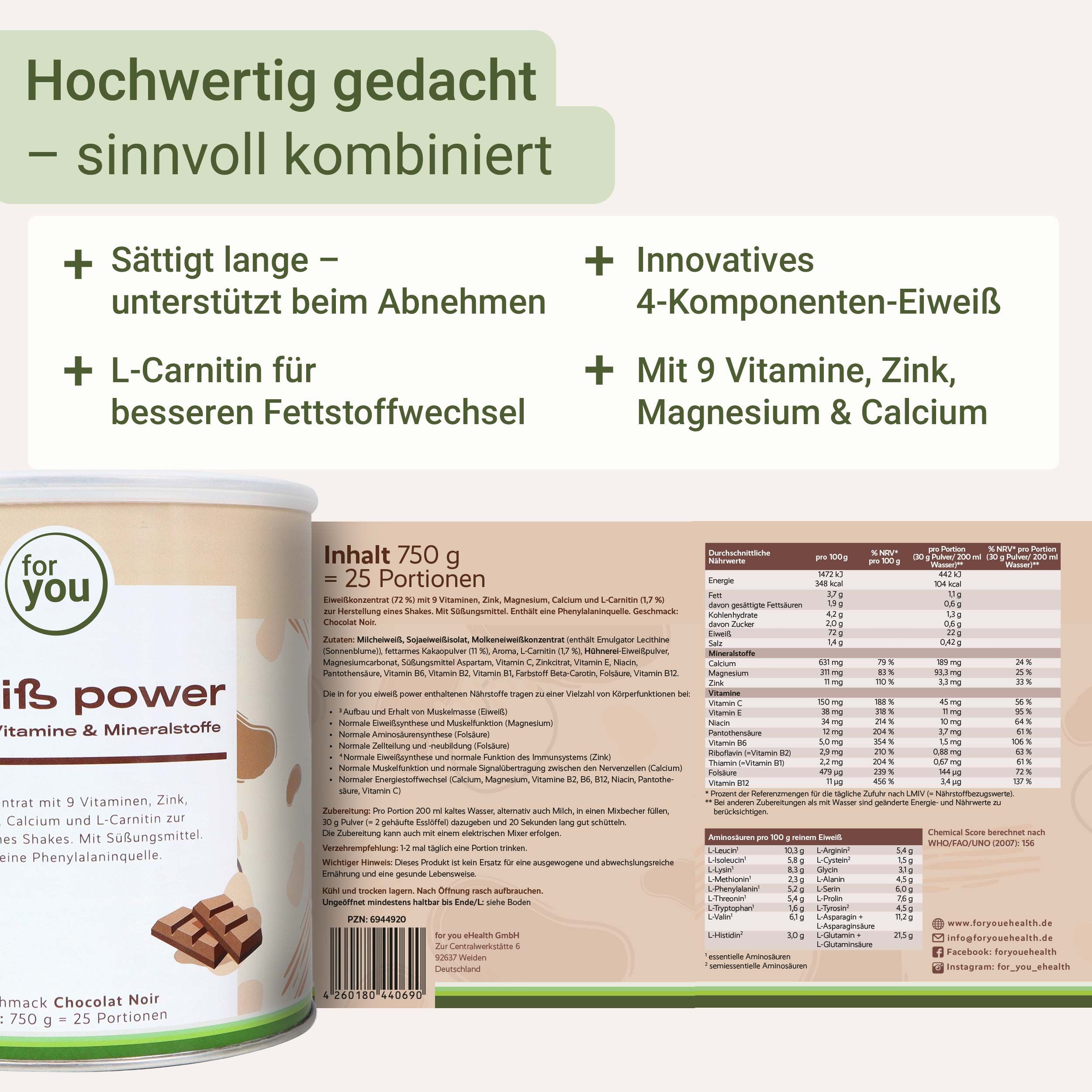 Dose Eiweiß Pulver Schoko Noir, Nährwerttabelle auf der Rückseite.
