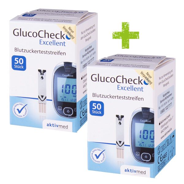 Zwei Packungen Blutzuckerteststreifen. Aufdruck: GlucoCheck Excellent, 50 Stück. Mit Qualitätszeichen und Abbildung eines Messgeräts.