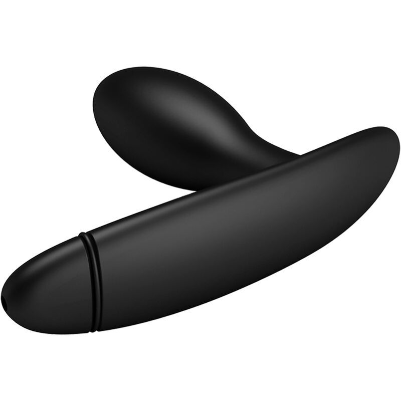 Schwarzes, gebogenes Wellness-Produkt mit ovalem Kopf und gebogener Basis. Detail am Ende.