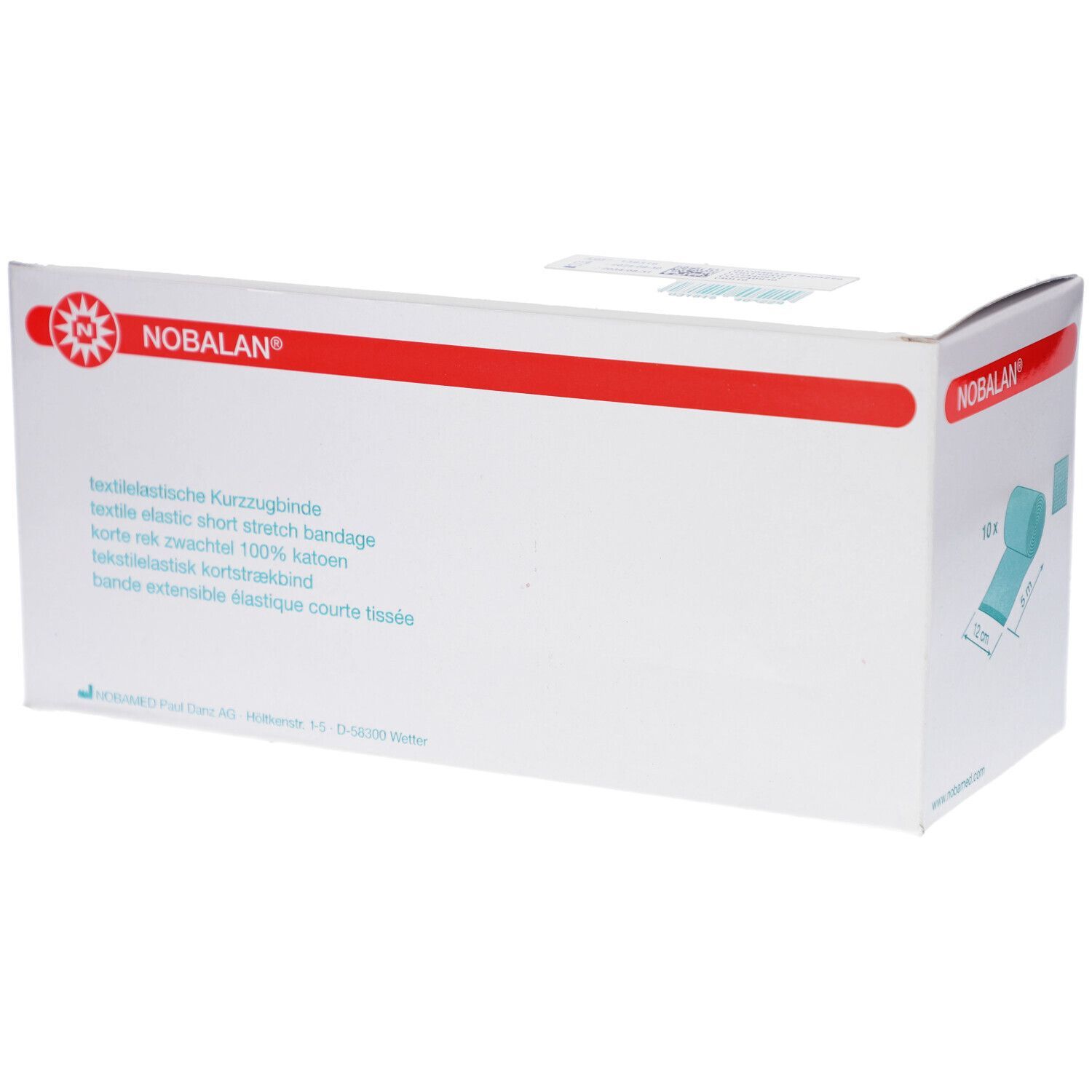 NOBALAN® Kurzzugbinde Verpackung. Weiße Box mit roter Linie und Text. Textilelastisch, 100 % Baumwolle. Produktname und Logo.