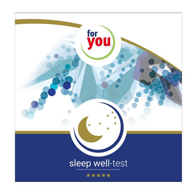 Blau-weißes Quadrat mit Logo 'for you' und 'sleep well-test'. Mond- und Sternsymbol. Sterne.