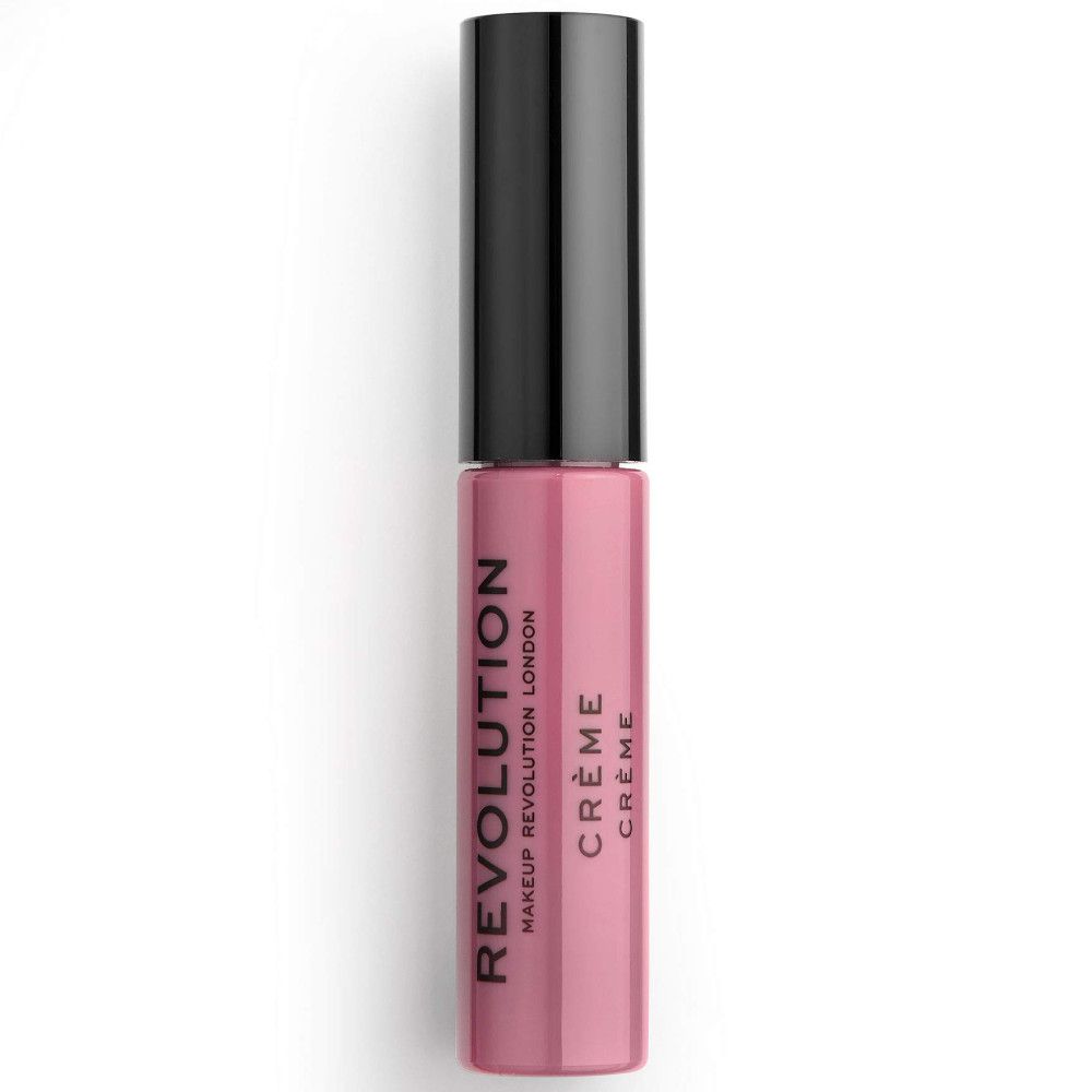Geschlossenes Lippenstift-Fläschchen. Rosa Creme-Lippenstift. Schwarzer Deckel. Text: REVOLUTION, CRÈME.