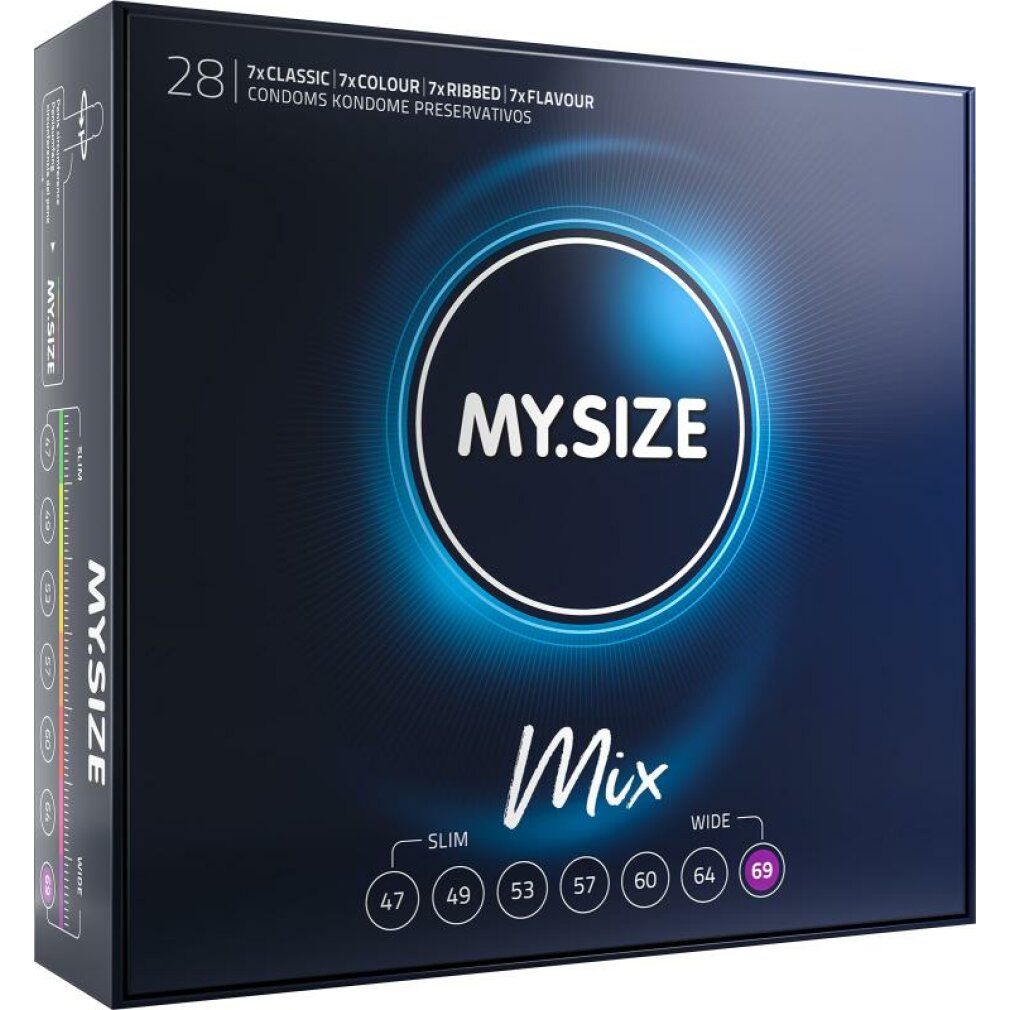 My.Size Classic 69mm MIX Packung mit 28 Kondomen, 7x Classic, 7x Colour, 7x Ribbed, 7x Flavour.