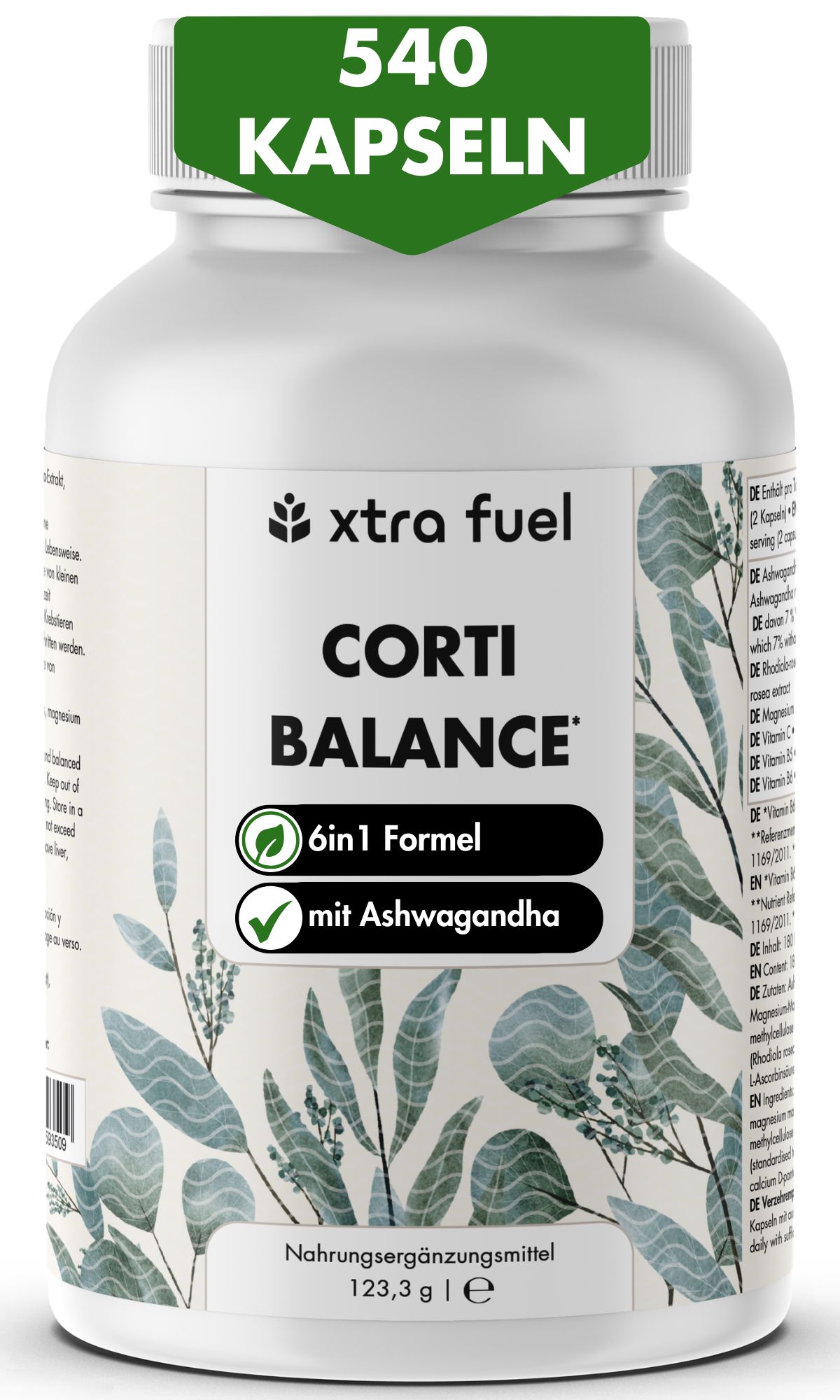Flasche mit 540 Kapseln XTRA FUEL Corti Balance, weiß mit grünem Etikett und Blattmuster.
