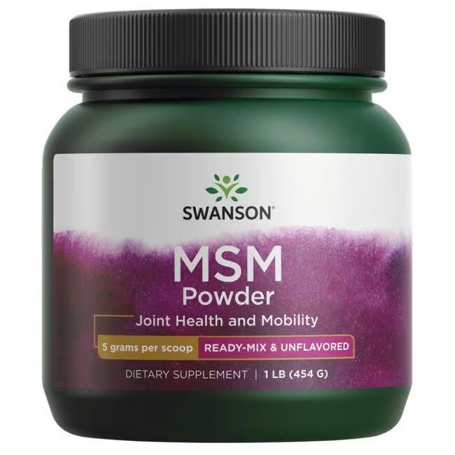 Grünes Behältnis mit schwarzem Deckel. Aufschrift: SWANSON MSM Powder, Joint Health and Mobility. 1 LB (454 G).