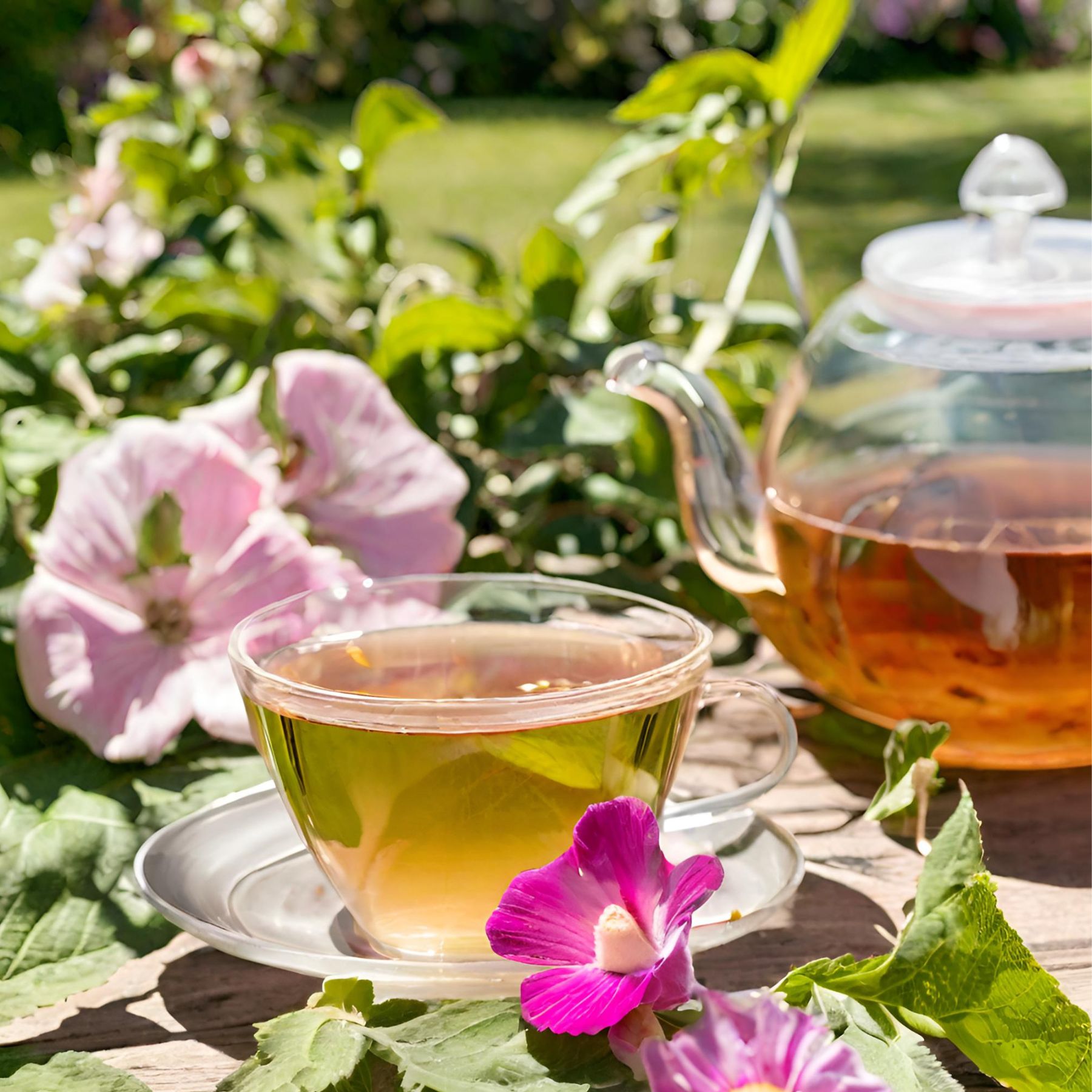 Glas-Teetasse und Kanne mit Tee. Rosa Blüten und Blätter auf Holzoberfläche. Sonnenlicht.