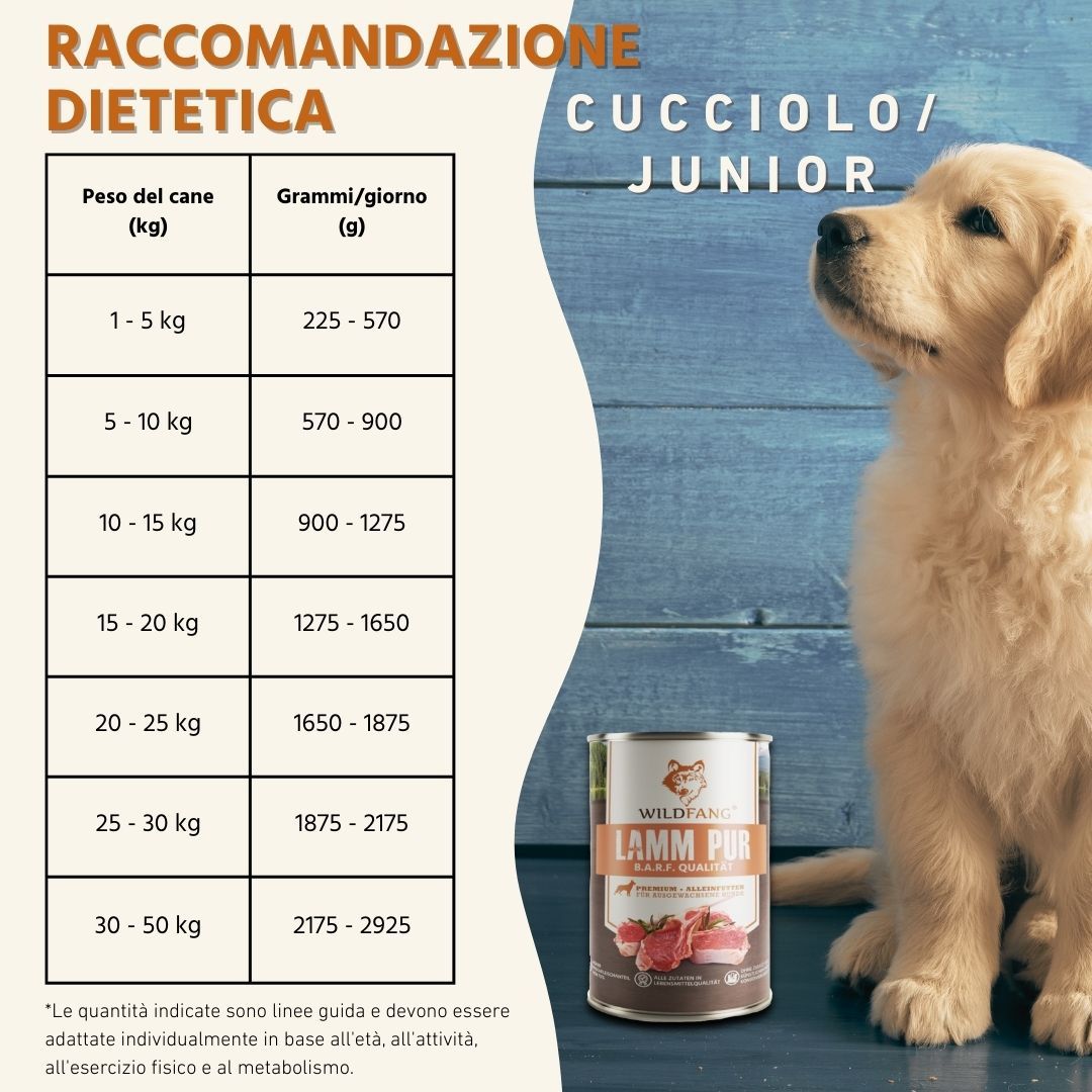Dose Nassfutter Lamm pur, BARF Qualität, mit Darstellung von Hund und Zutaten.