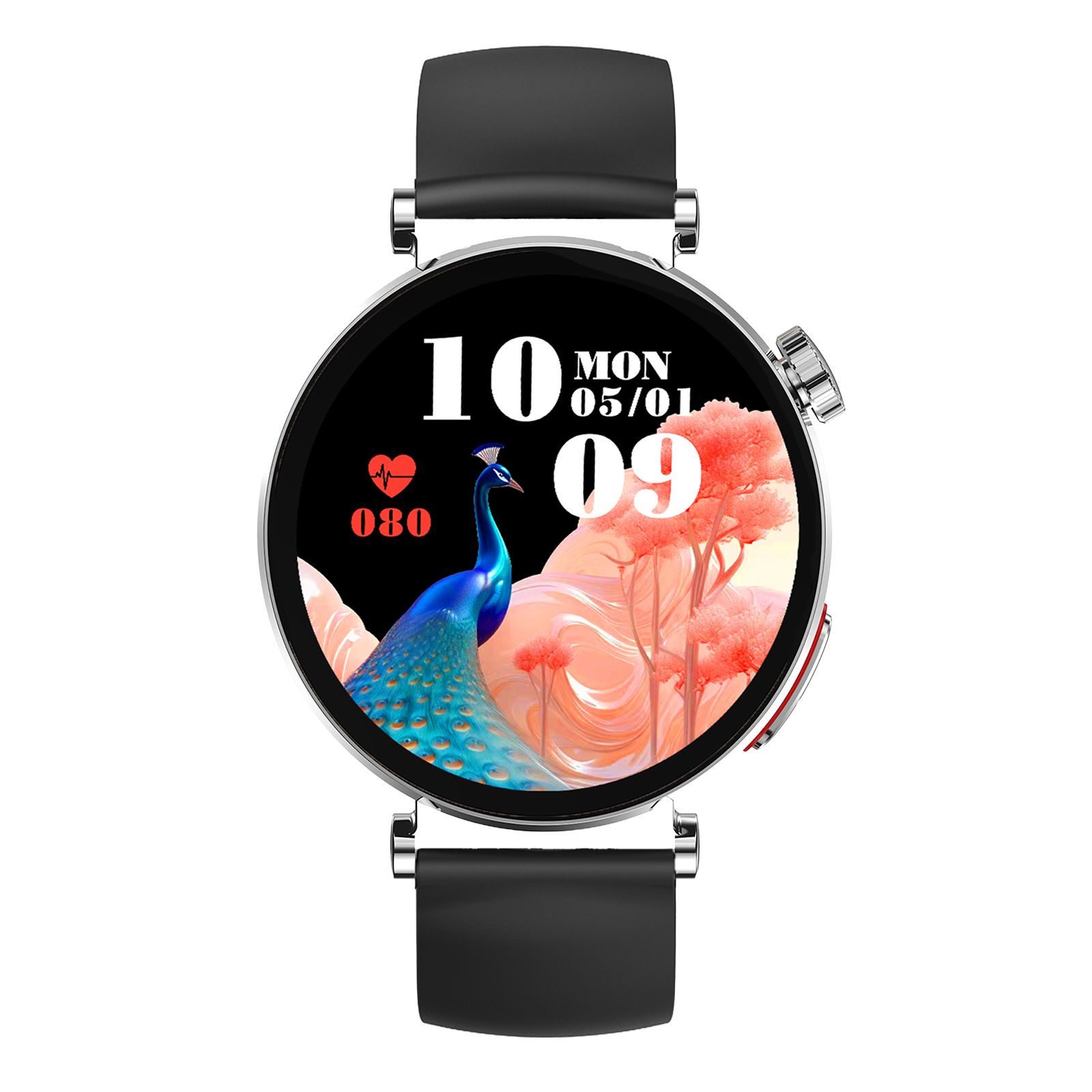 Smartwatch mit rundem Zifferblatt, schwarzem Armband und silbernem Gehäuse. Zifferblatt mit Datum, Uhrzeit und Pfau-Motiv.