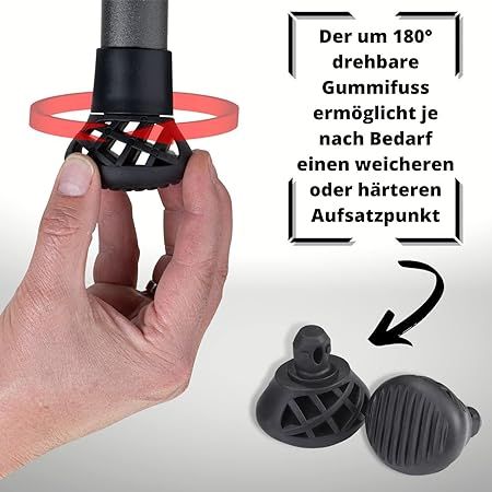 Nahaufnahme des drehbaren Gummifußes einer Unterarmgehhilfe. Zwei Fußvarianten werden gezeigt.