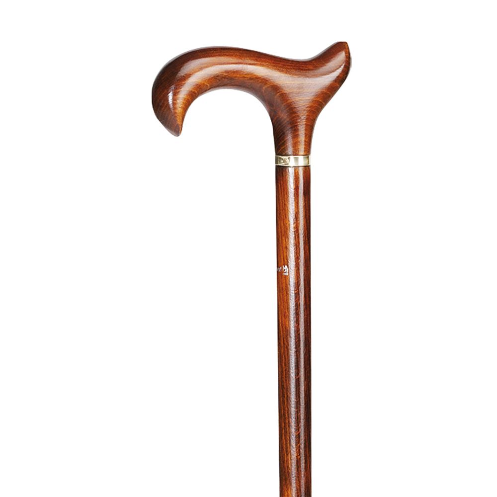 Gehstock aus Holz mit gebogenem Griff. Dunkelbraune Farbe, silberfarbener Ring am Übergang zum Schaft. Glatte Oberfläche.