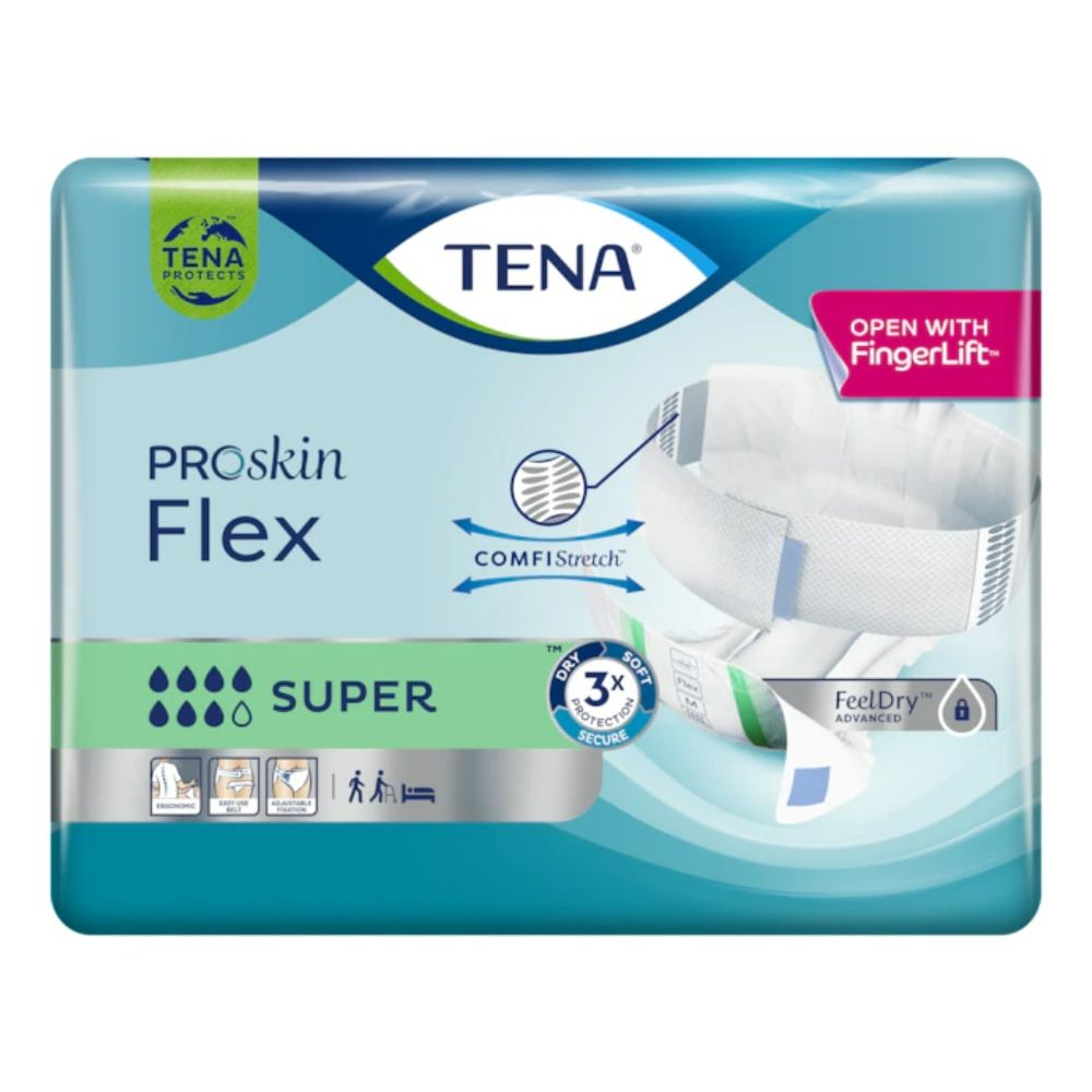 Verpackung von TENA Flex Super. Blau-weißes Paket mit Produktabbildung. Text: ProSkin Flex, Super, TENA, ComfiStretch, FeelDry.