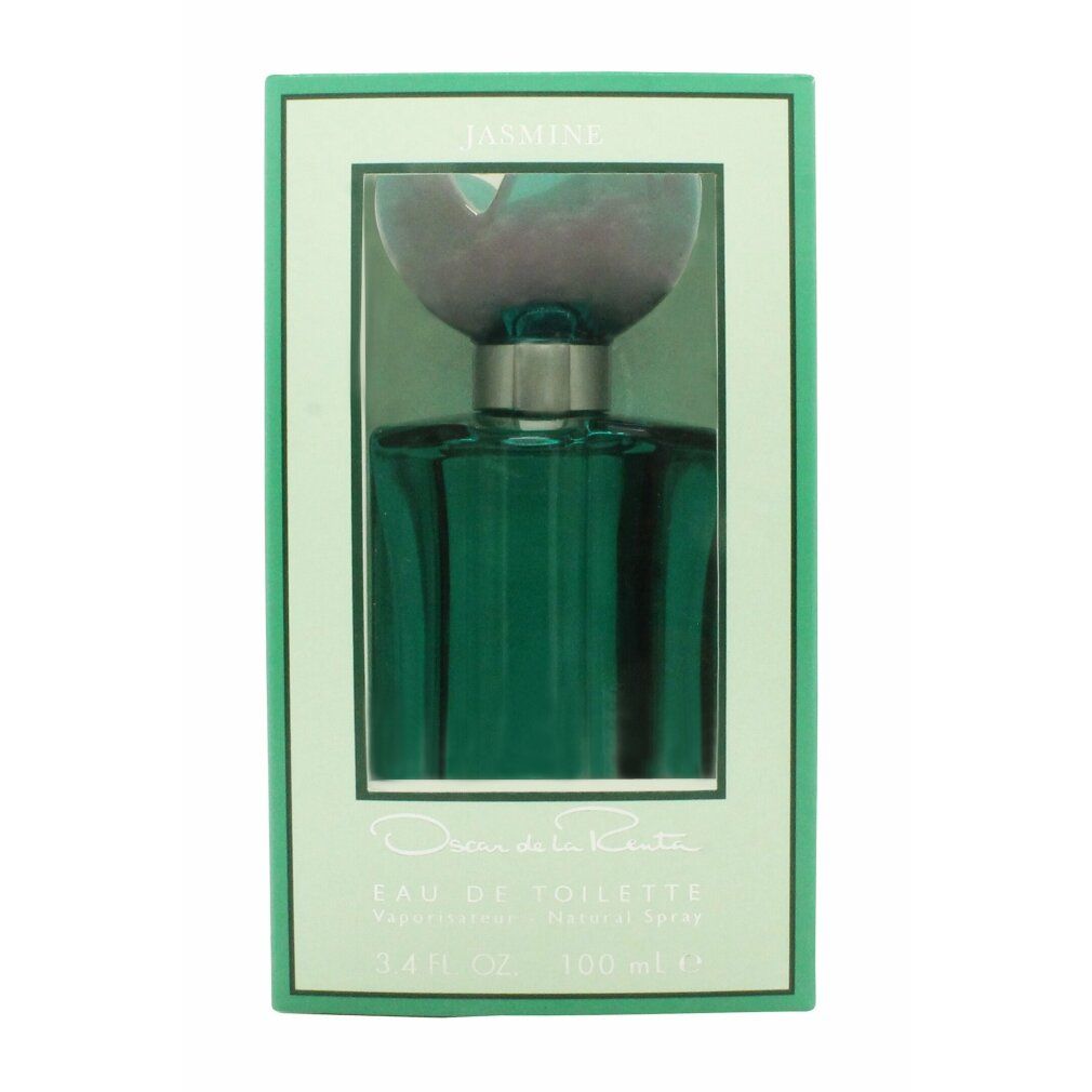 Grünes Parfüm in rechteckiger Flasche mit blütenförmigem Deckel, in grüner Schachtel. Aufschrift: Oscar de la Renta, Jasmine, Eau de Toilette.