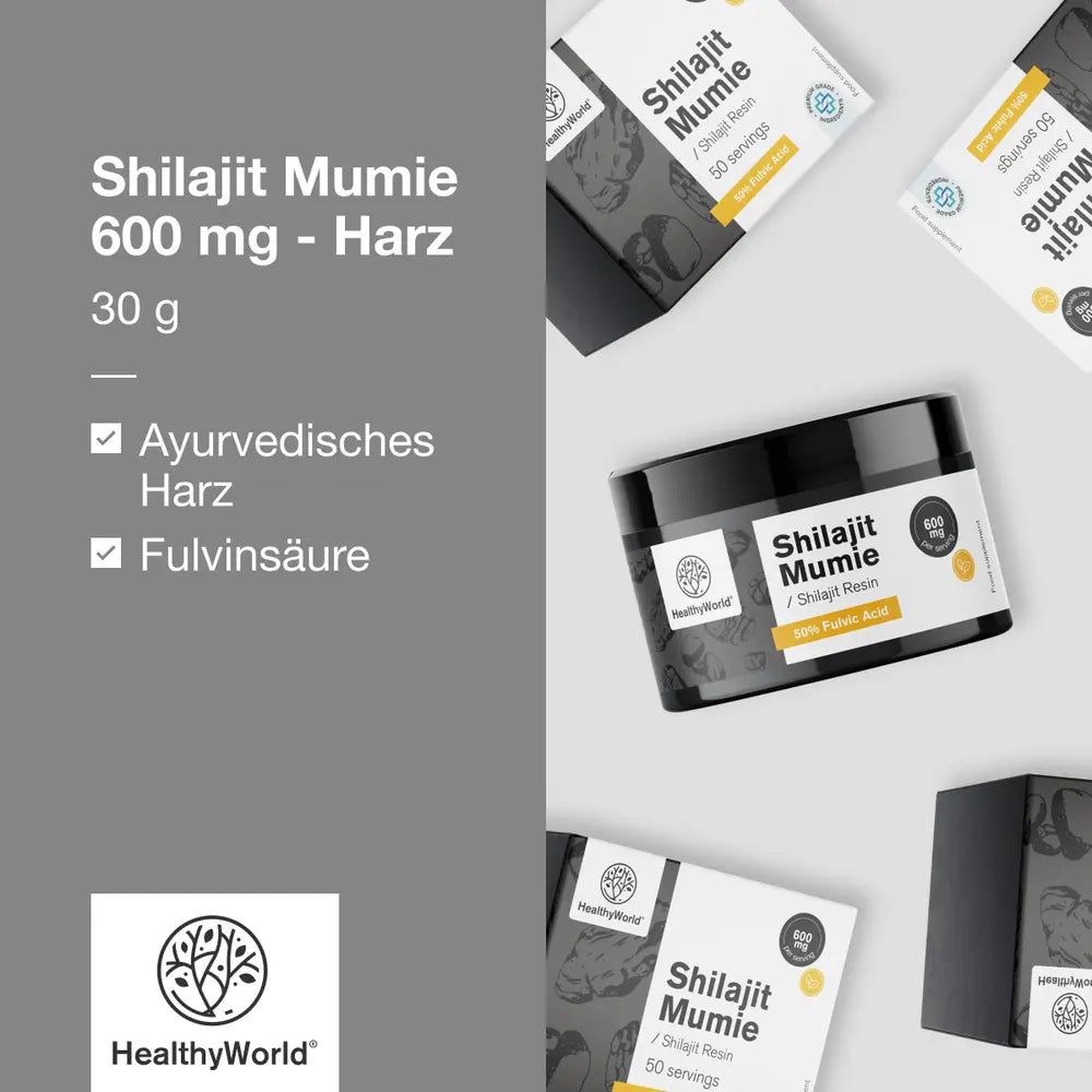 Produktverpackungen und Glas mit Produktname und Logo. 600 mg, 30 g. Ayurveda-Harz, Fulvinsäure.