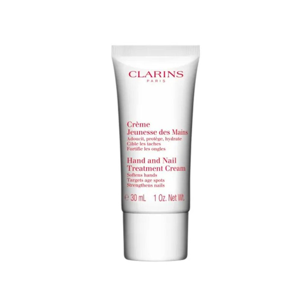 Weiße Tube Clarins Hand & Nail Treatment Cream. Roter Schriftzug: Crème Jeunesse des Mains, Hand and Nail Treatment Cream, 30 ml.