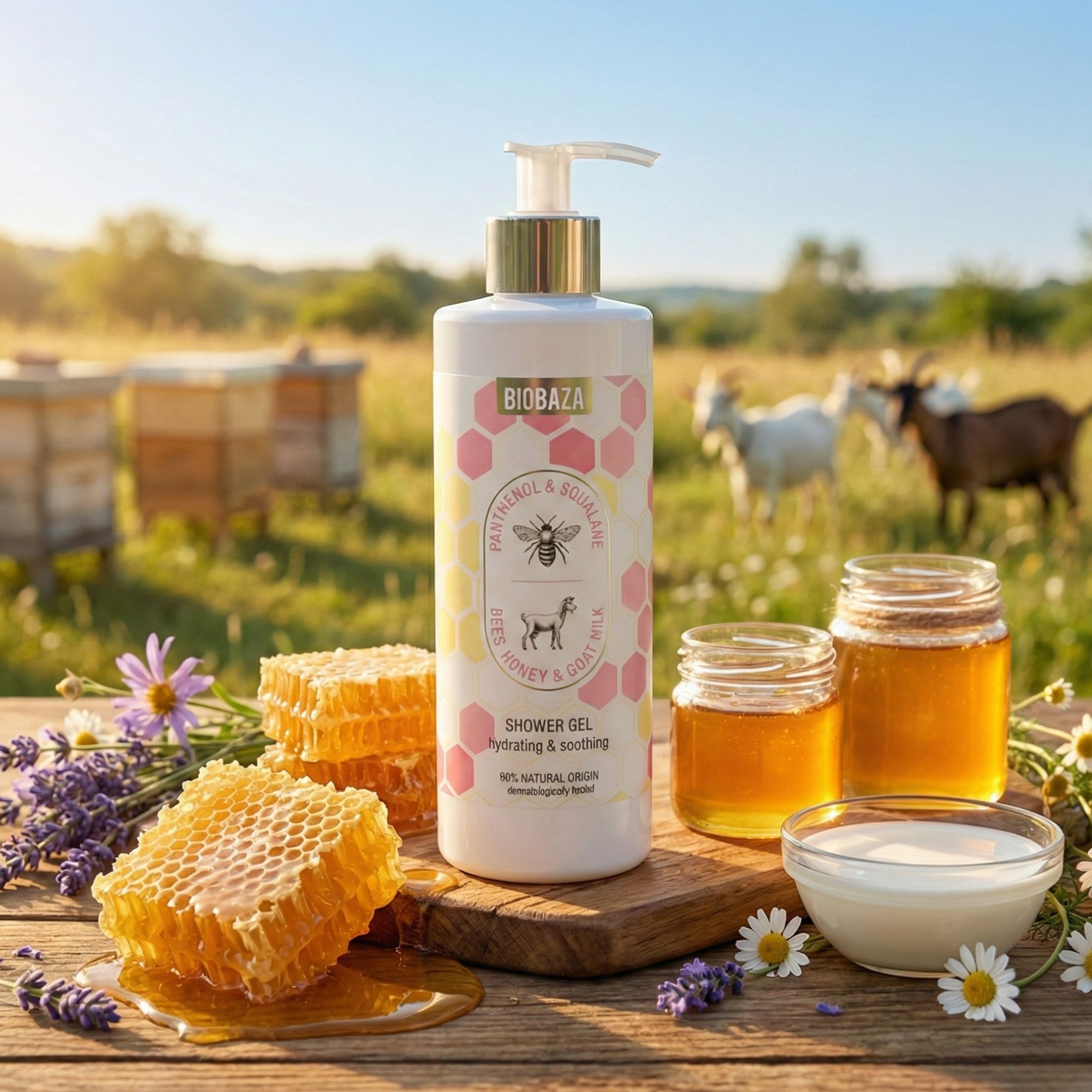 Biobaza 2in1 Shower Gel mit Honigwaben, Honiggläsern, Ziegen und Bienen. Holzbrett, Blumen. Etikett mit Bienen- und Ziegenmotiv.