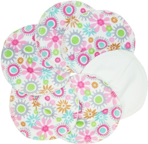 Mehrere runde Stilleinlagen mit Blumenmuster in Rosa, Blau, Grün und Grau auf weißem Grund. Einige zeigen die weiße Innenseite.