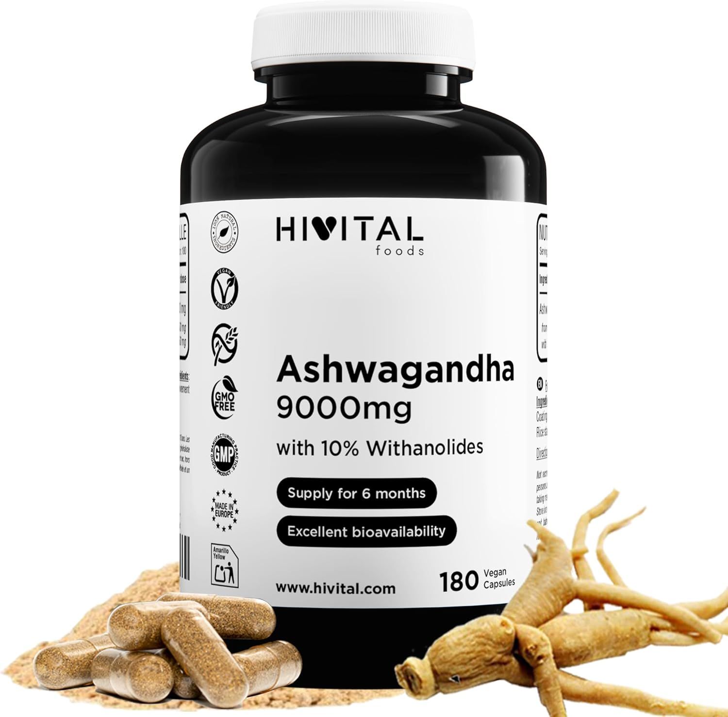 Schwarze Flasche mit HIVITAL Ashwagandha 9000mg Kapseln. 180 Kapseln, vegan, mit Zertifizierungen. Wurzeln und Kapseln daneben.