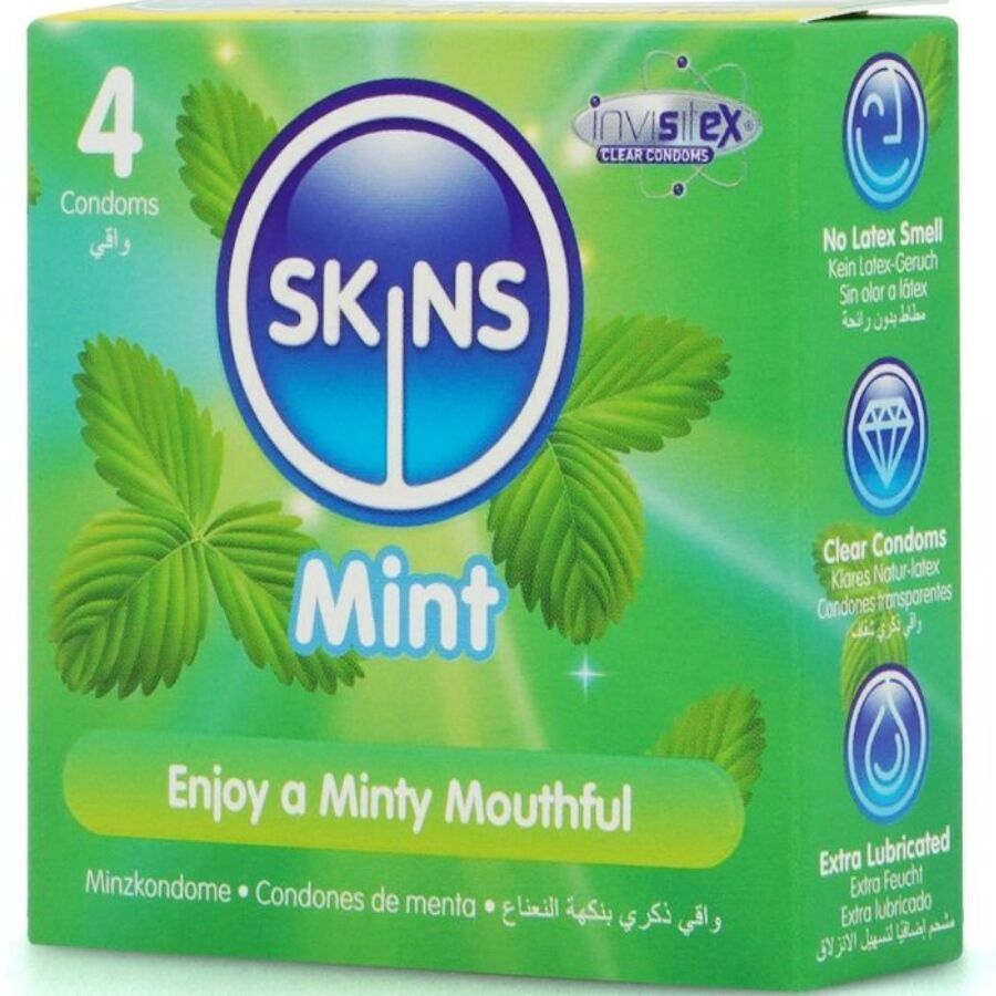 Verpackung mit 4 Kondomen. Aufschrift: SKINS Mint. Grün und blaues Design mit Minzblättern. Text: Enjoy a Minty Mouthful.