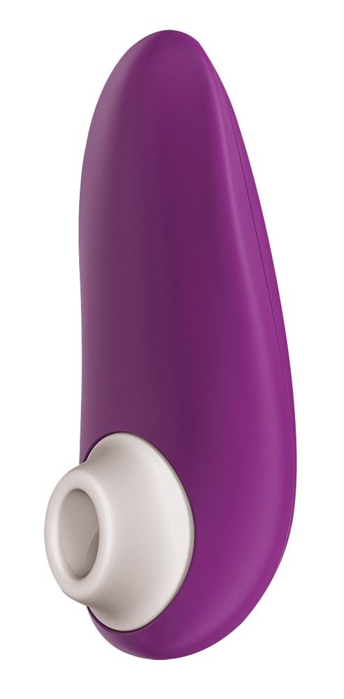 Lila Vibrator mit weißem Aufsatz. Tropfenförmig. Aufsatz rund. Glatte Oberfläche.