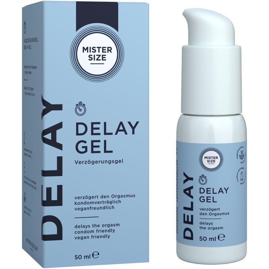 Produktflasche und Verpackung. Aufschrift: Mister Size Delay Gel. Verzögert den Orgasmus. Vegan. 50 ml.