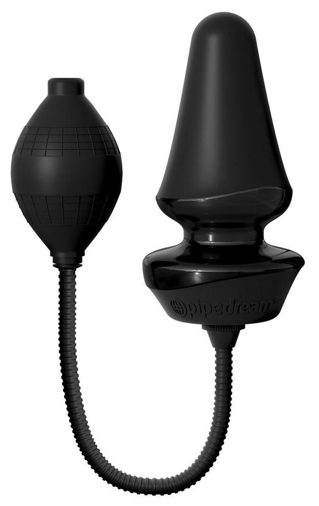 Schwarzer, aufblasbarer Analplug mit Pumpe. Marke: Pipedream. Material: Silikon. Plug und Pumpe durch Schlauch verbunden.