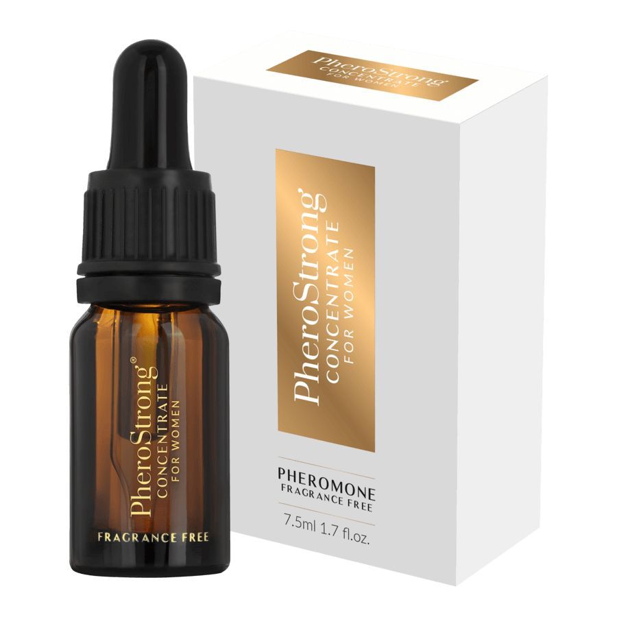 PheroStrong Pheromon Konzentrat für Frauen, 7.5ml Pipettenflasche und Faltschachtel.