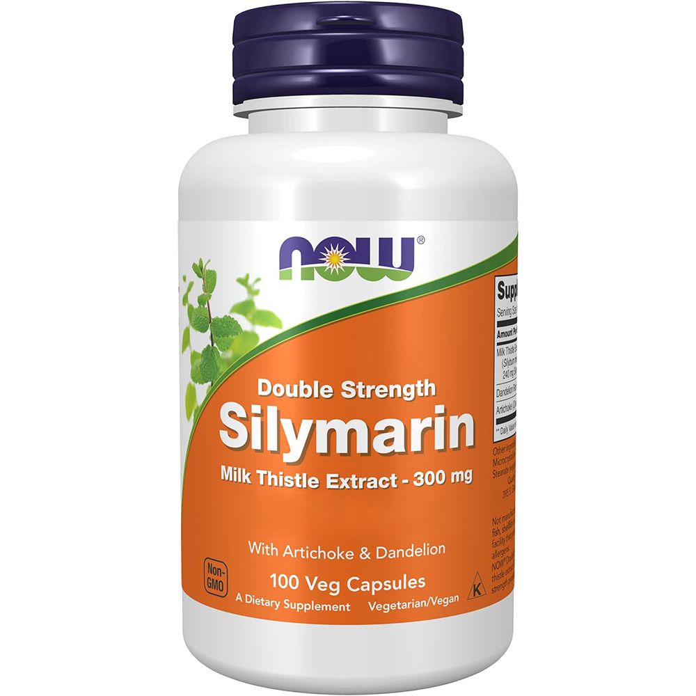 Weiße Flasche mit blauem Deckel. Orangefarbenes Etikett mit "Double Strength Silymarin", 300mg. 100 Veg Capsules. Vegan.