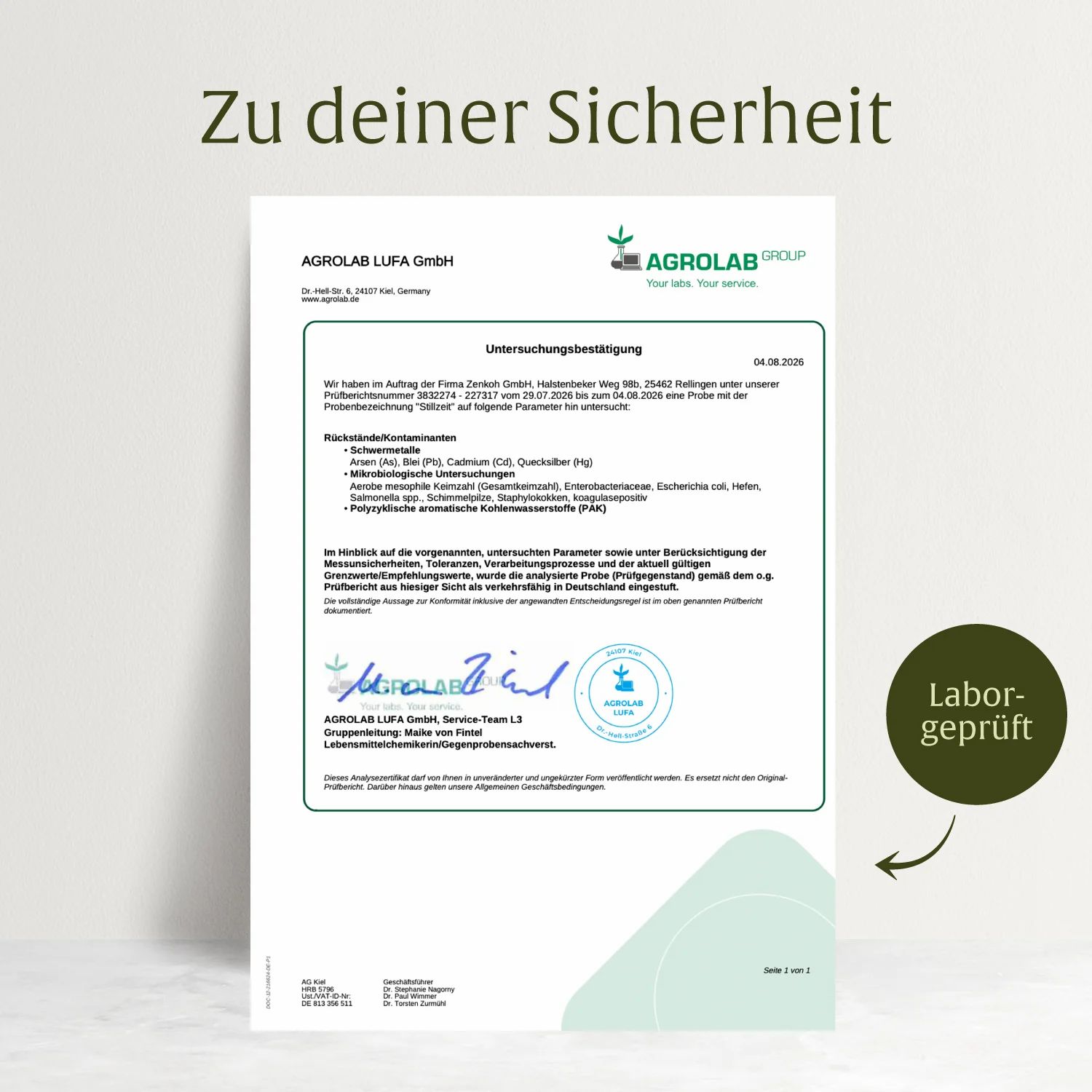 Ein Laborbericht mit dem Titel "Untersuchungsmittellung" und einem "Labor-geprüft" Siegel.