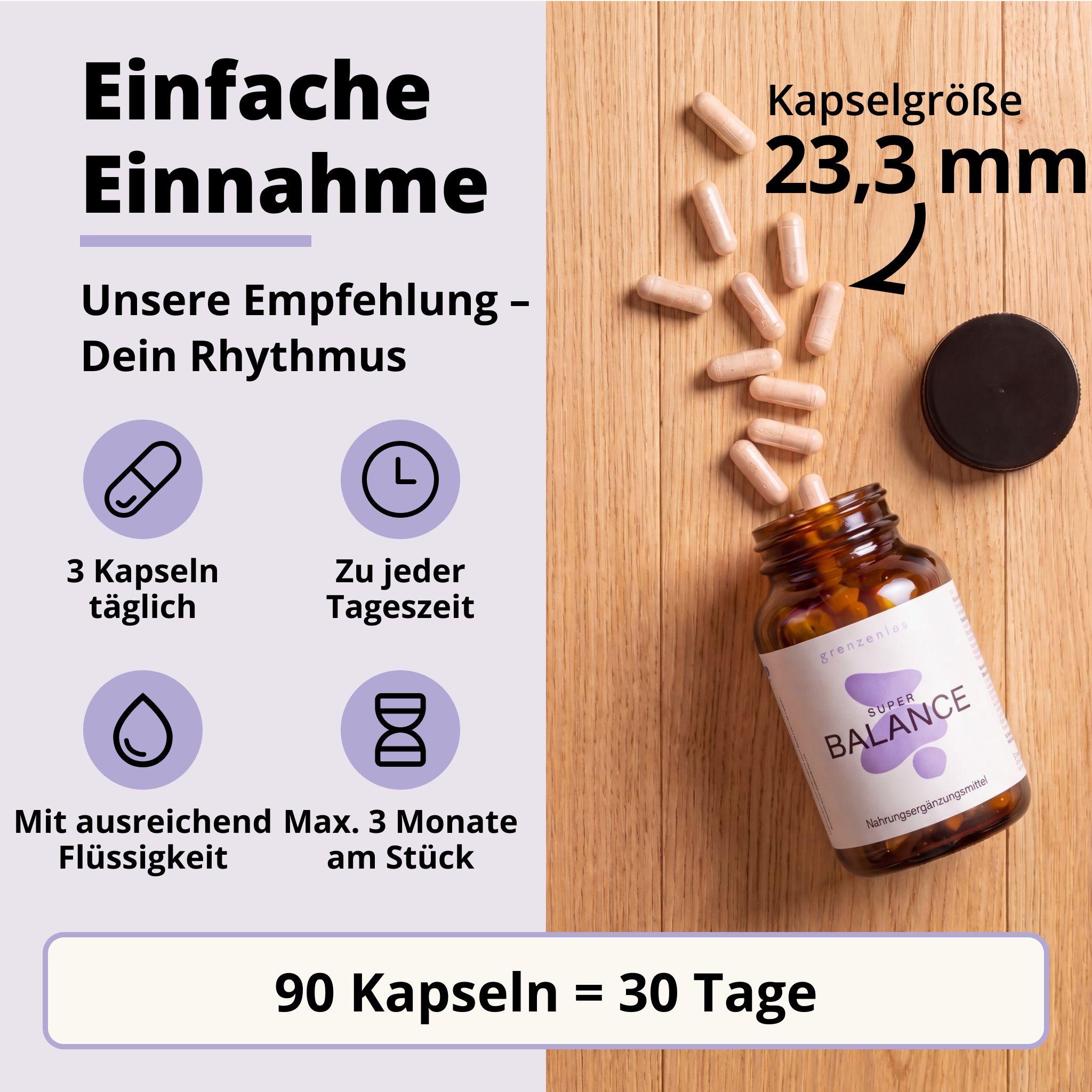 Anwendungshinweise für Super Balance: 3 Kapseln täglich, 90 Kapseln = 30 Tage.