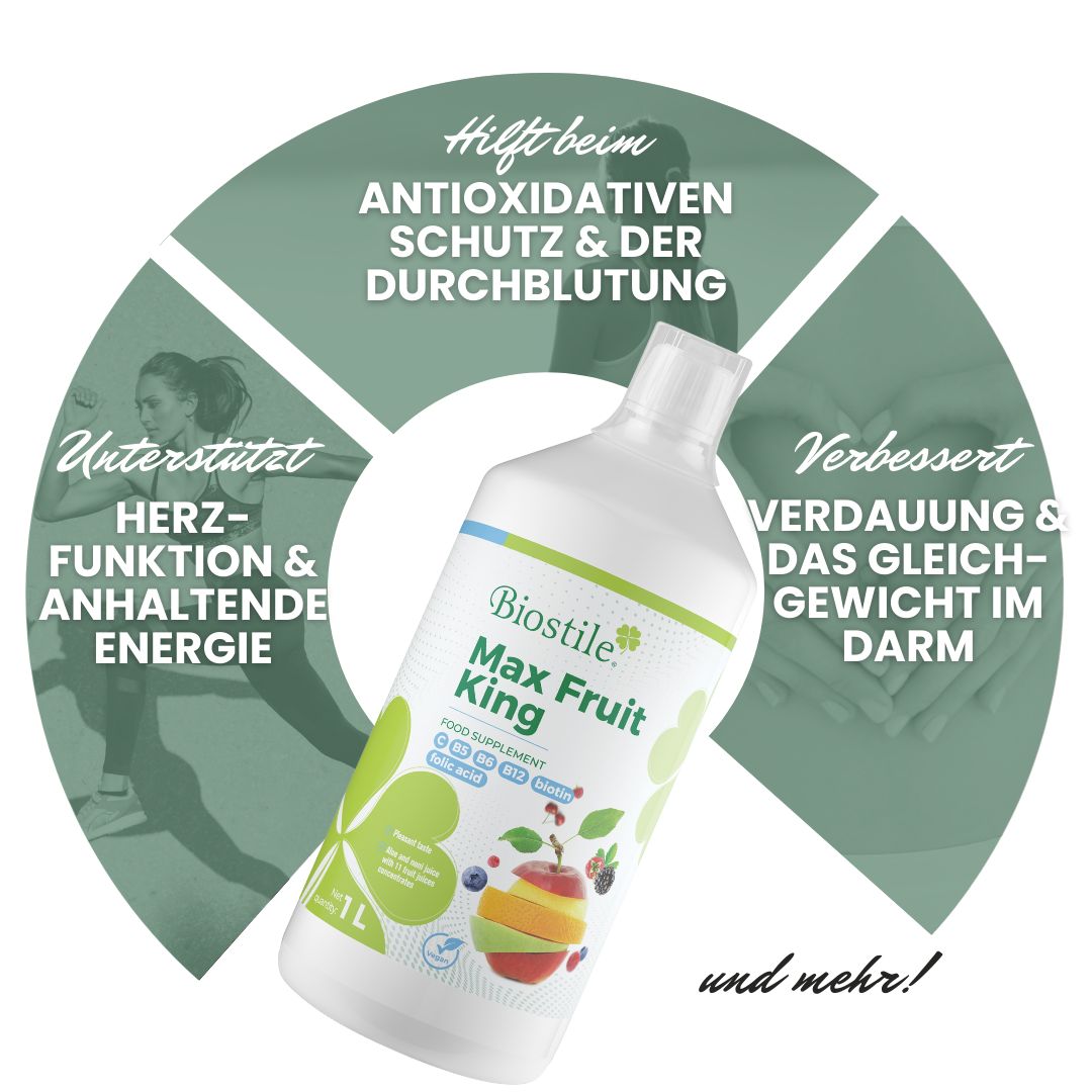 Biostile Max Fruit King Saftflasche mit Früchten, umgeben von Icons für Vorteile.