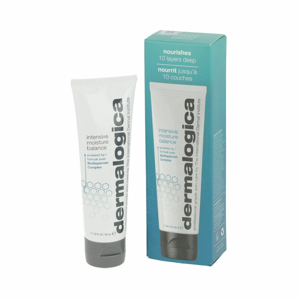 Weiße Tube und Schachtel. Aufschrift: "intensive moisture balance" und "dermalogica".