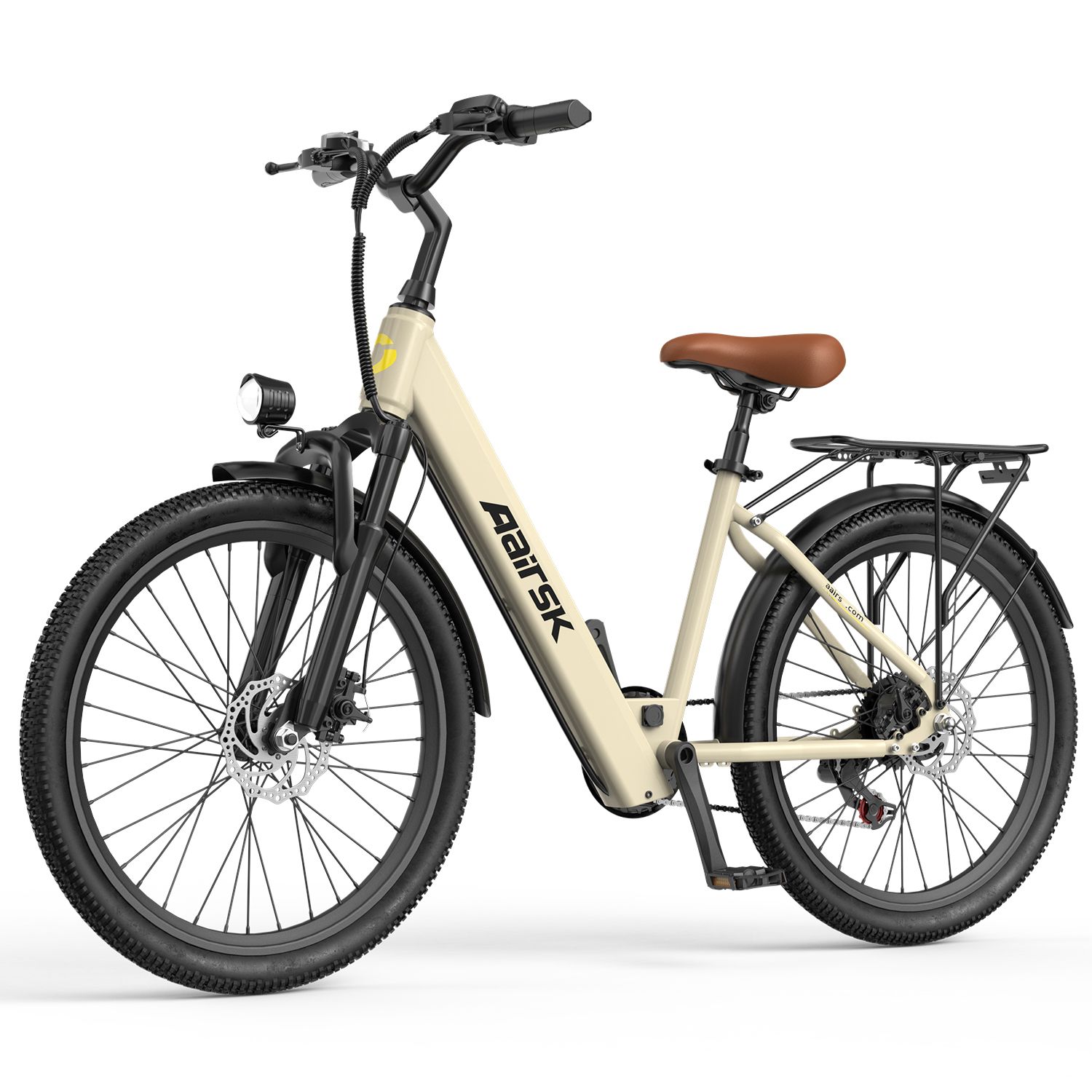 Beige Elektrofahrrad mit schwarzem Rahmen, braunem Sattel und Frontscheinwerfer. Marke Aairsk.