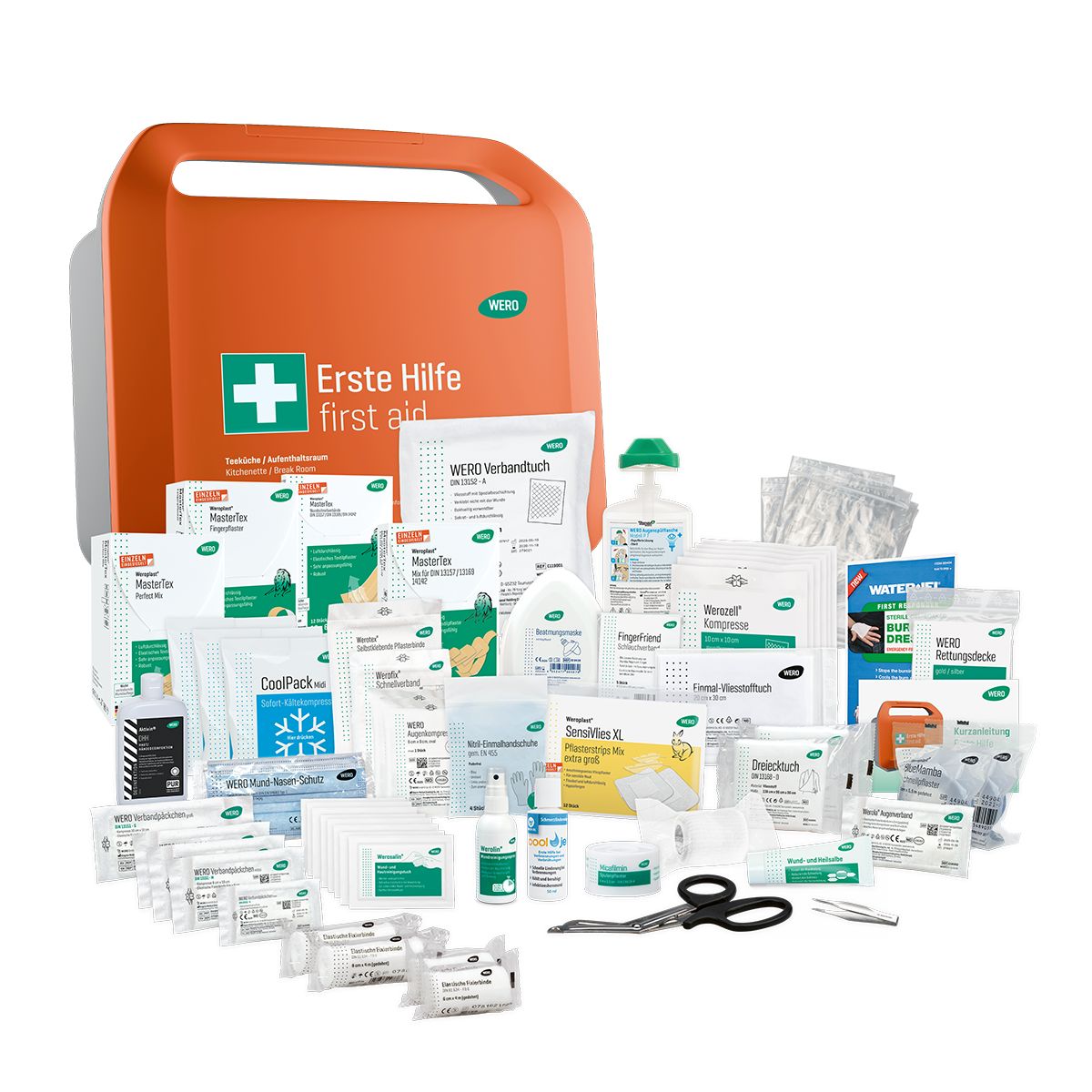 Erste-Hilfe-Koffer mit Inhalt. Verbandsmaterial, Flaschen, Schere, etc. Grünes Kreuz und Schriftzug.