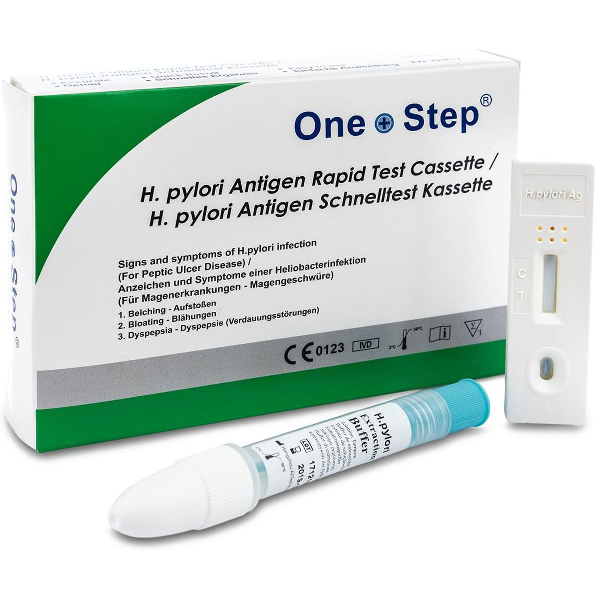 Testkit mit Verpackung, Testkassette und Pufferlösung. Aufschrift: One Step, H. pylori Antigen Schnelltest. CE-Kennzeichnung.