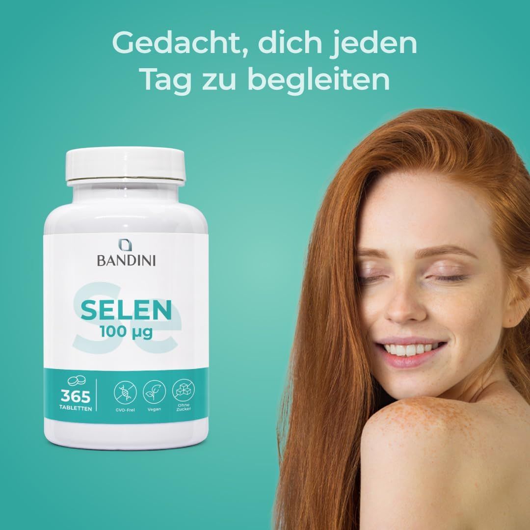 Weiße Dose "BANDINI SELEN 100 μg" mit 365 Tabletten. "CVO-frei, Vegan, Ohne Zucker" Symbole.