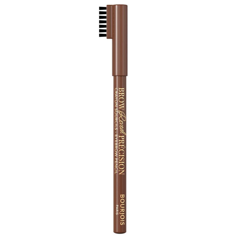 Brauner Augenbrauenstift mit Bürste. Aufschrift: Brow Reveal Précision, Bourjois Paris.