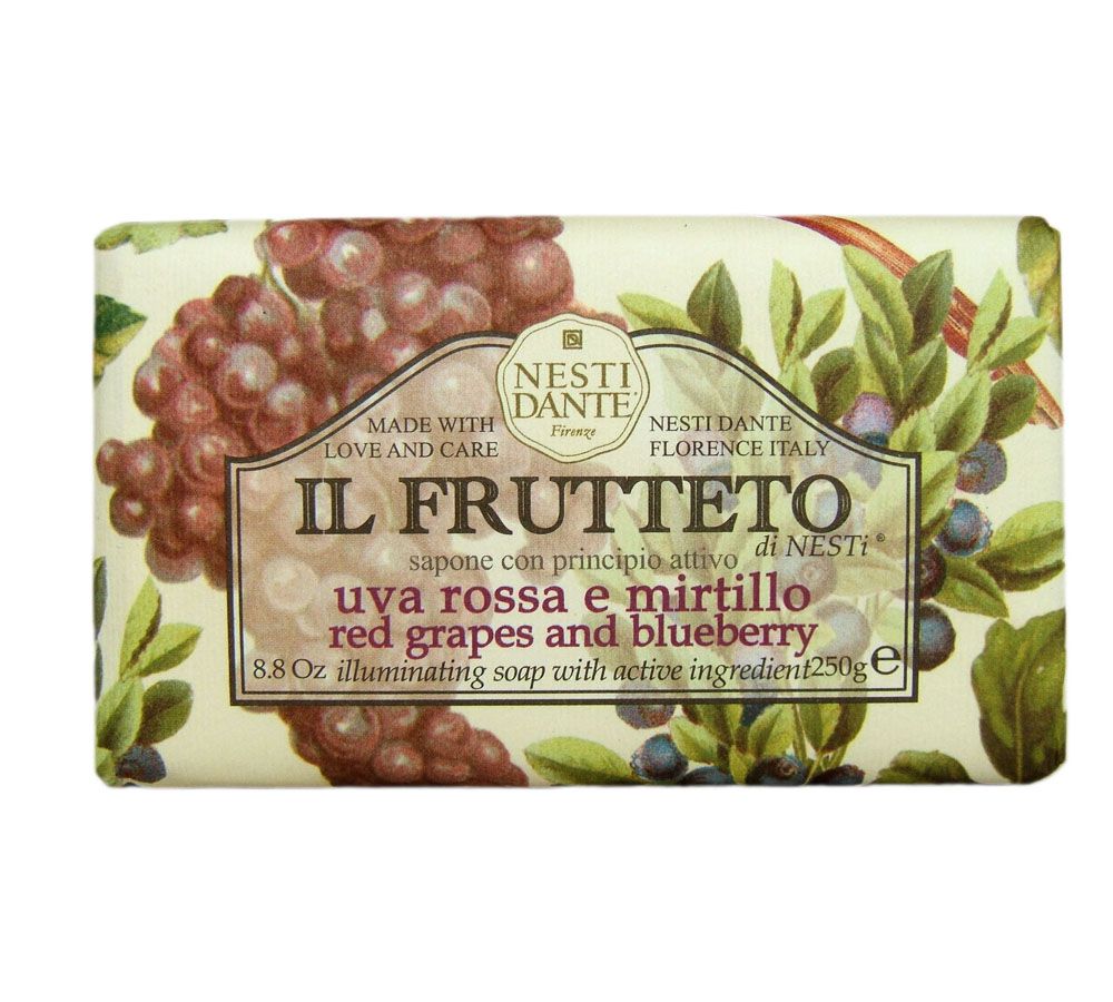 Seife mit Aufdruck von Trauben und Blaubeeren. Text: IL FRUTTETO, uva rossa e mirtillo, red grapes and blueberry. Marke: Nesti Dante.