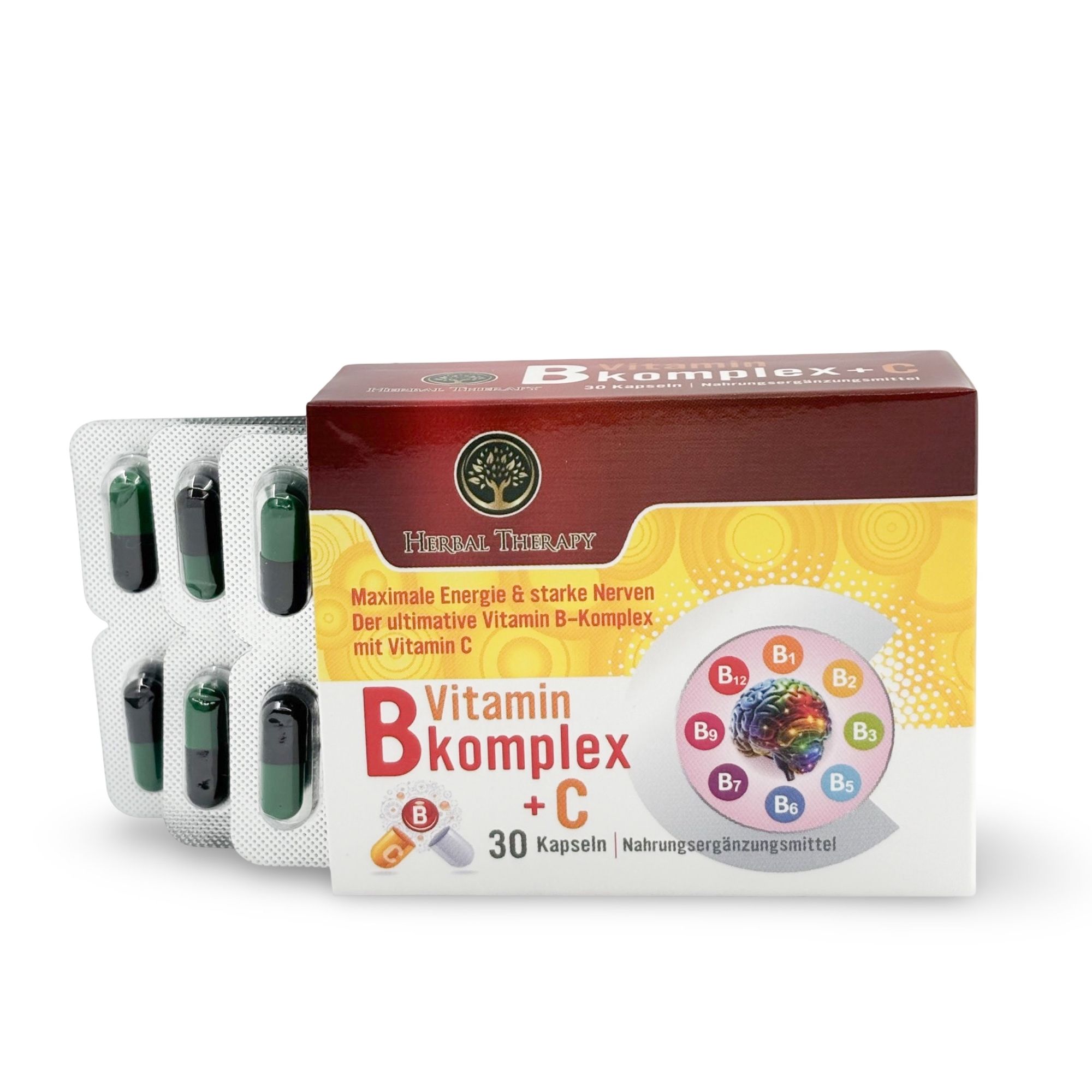 Vitamin B-Komplex + C-Verpackung mit Blisterpackungen. Aufschrift: Herbal Therapy, Vitamin B-Komplex + C, 30 Kapseln. Kapseln in Blistern.