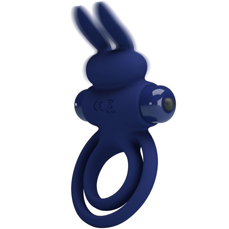 Blauer Rabbitvibrator mit Hasenohren und doppelter Ringform. CE-Kennzeichnung.
