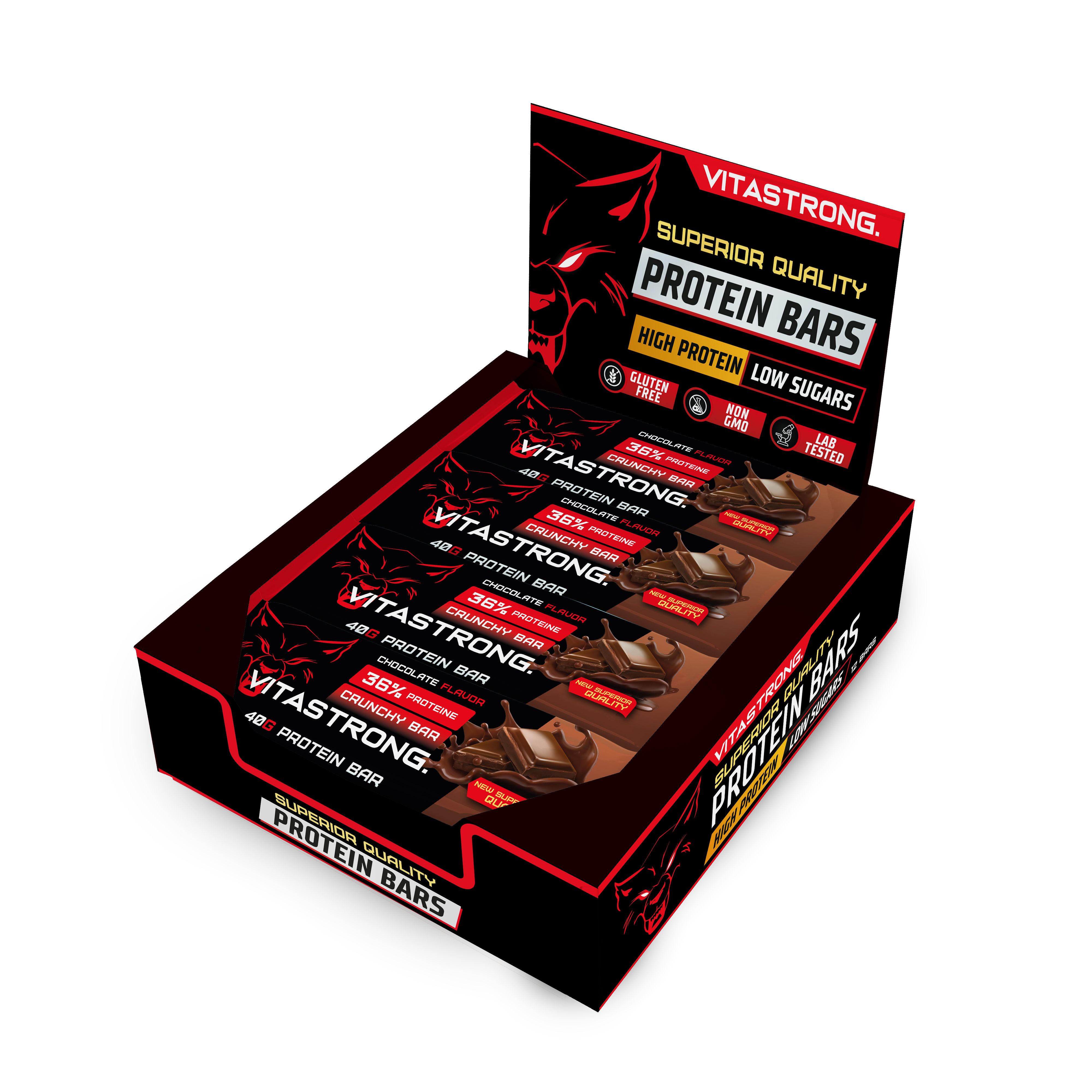 Vitastrong Protein Bars Display-Box. Enthält einzelne Riegel. Aufschrift: Superior Quality, High Protein, Low Sugars.