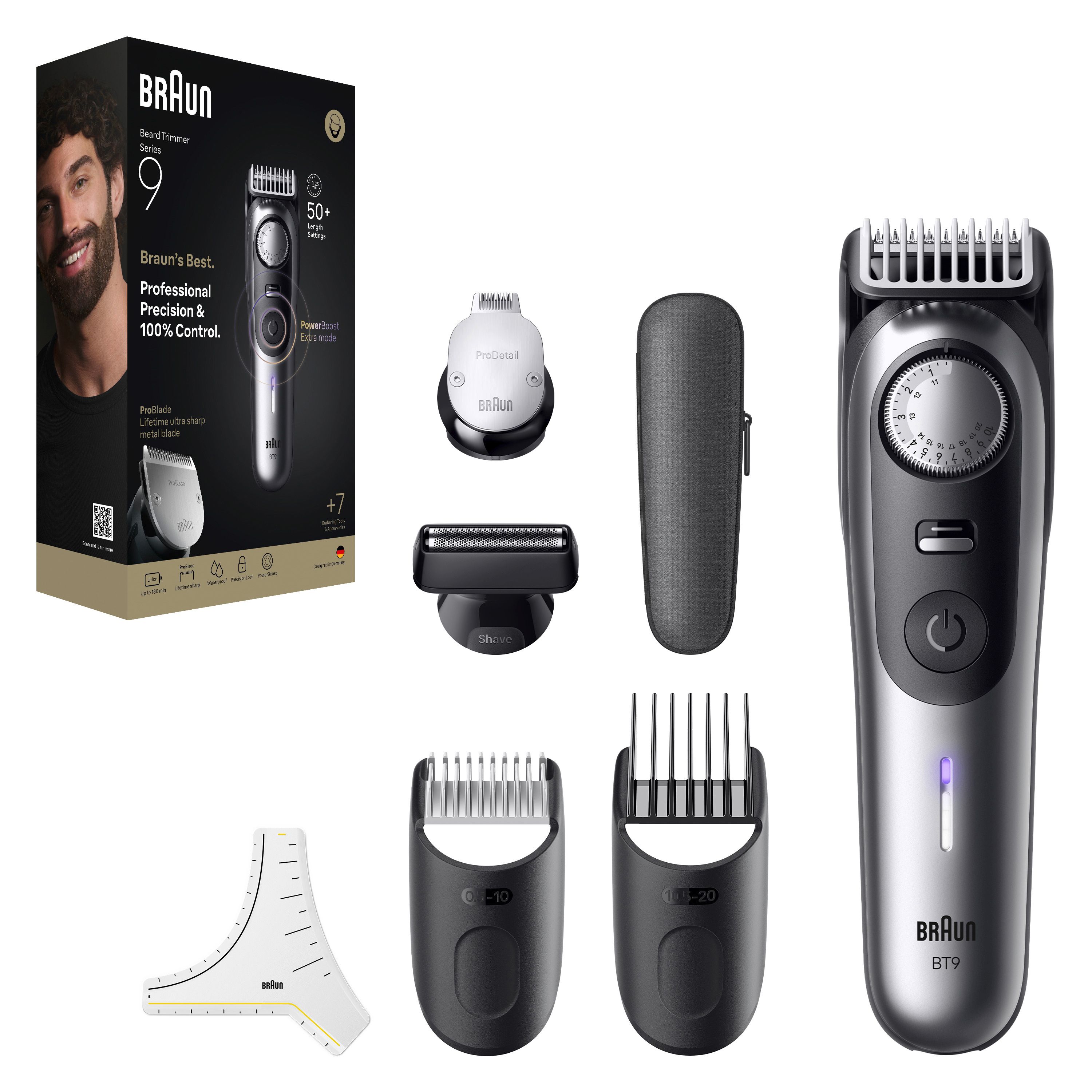 Braun Barttrimmer Series 9 BT9520 mit Zubehör und Verpackung.