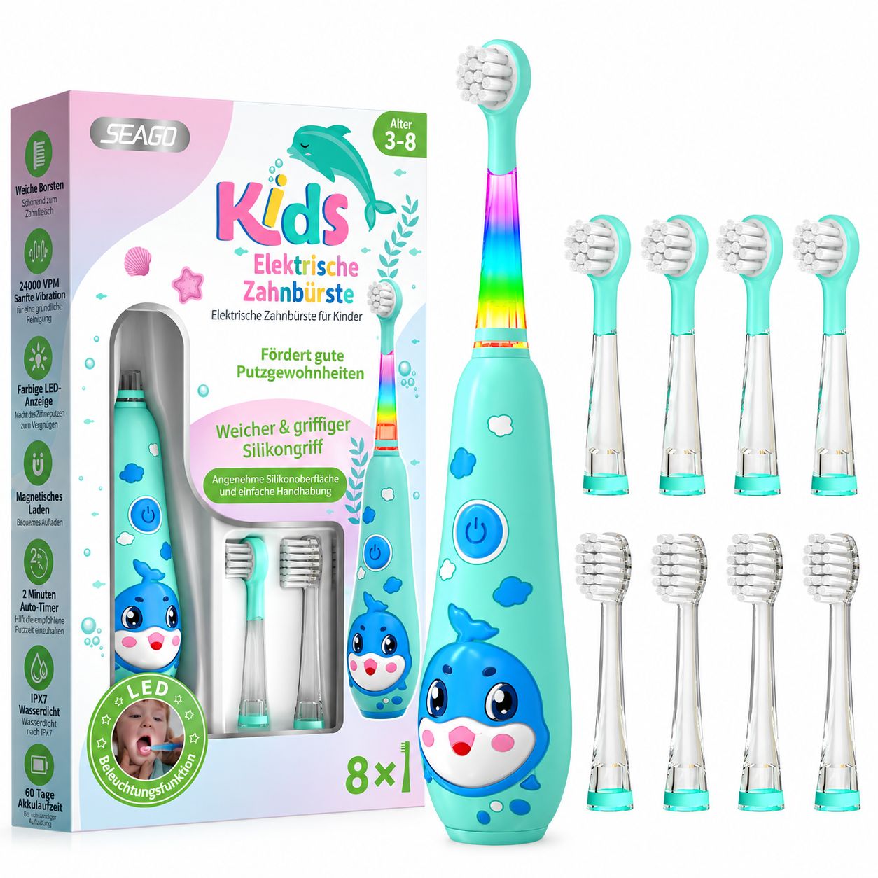 Kinder-Elektrozahnbürste mit Wal-Design, 8 Aufsteckbürsten und LED-Licht.