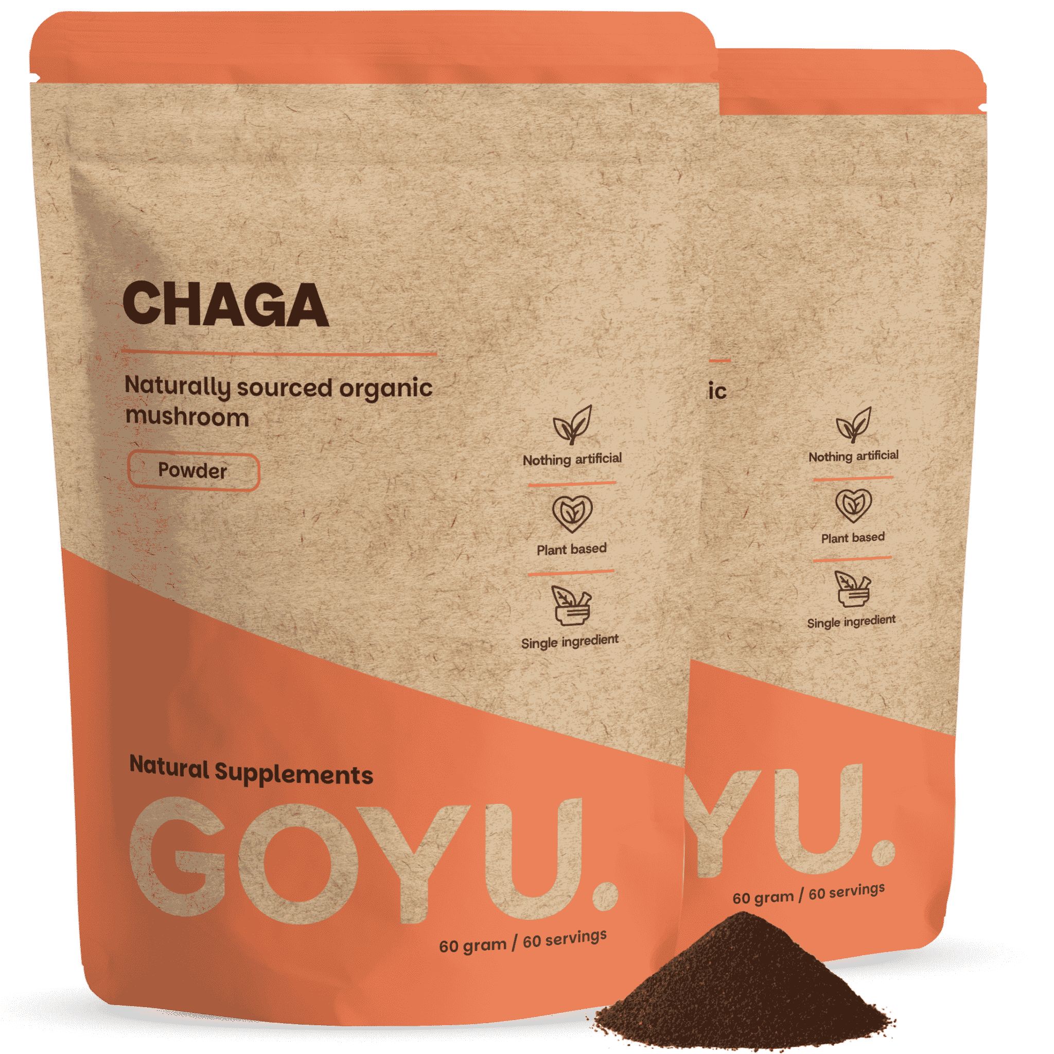 Zwei Packungen GOYU Chaga Pulver, natürlich bezogen, organisch.
