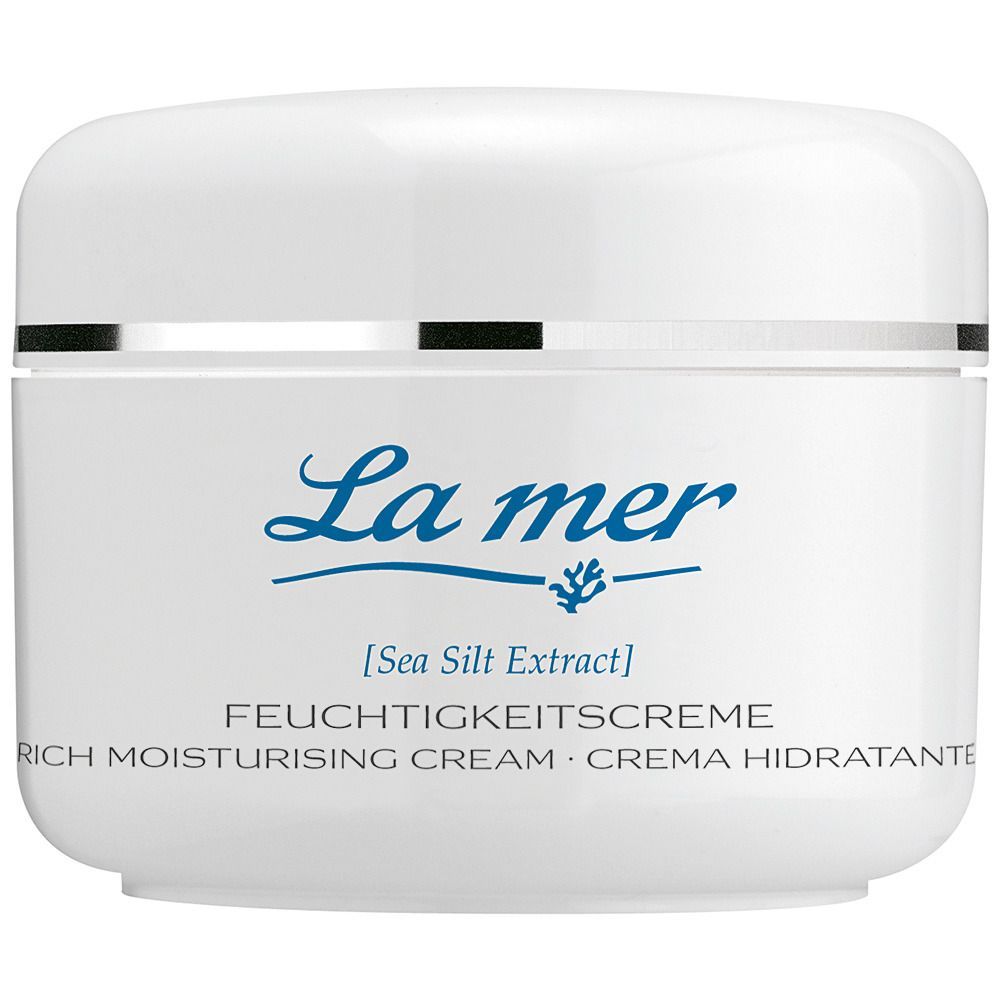 Weißer Tiegel mit silbernem Rand. Text: La mer, Feuchtigkeitscreme, Sea Silt Extract. Produktname und Inhaltsstoffe.