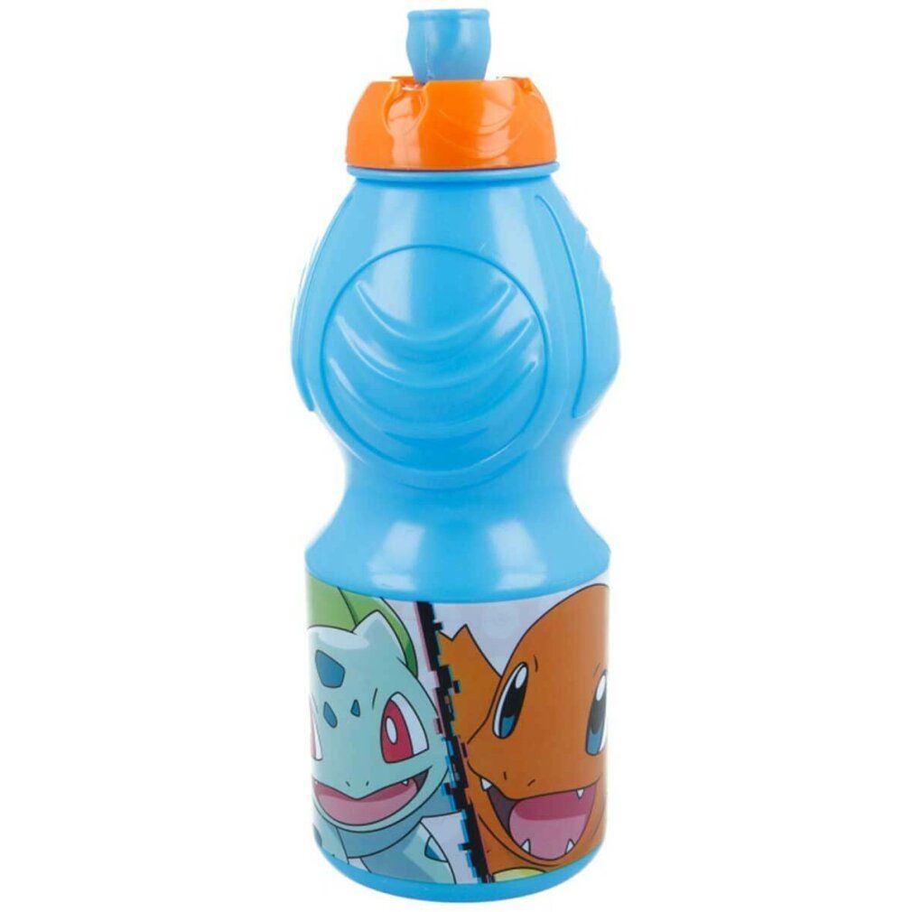 Blaue Trinkflasche mit orangefarbenem Deckel. Aufgedruckt sind Pokémon-Charaktere: Bisasam und Glumanda.