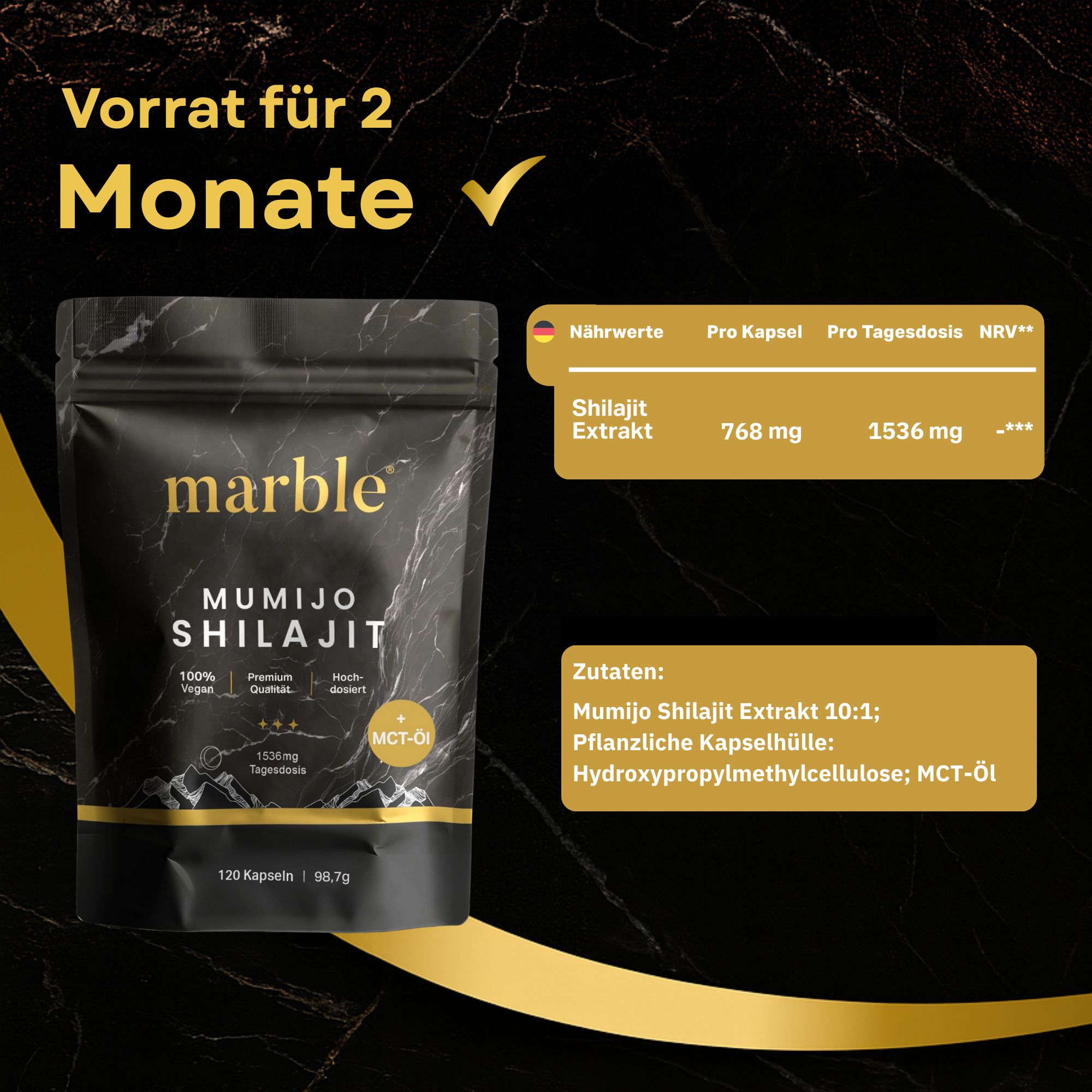 Schwarze Verpackung mit Logo: marble MUMIJO SHILAJIT. Text: Vorrat für 2 Monate. Nährwerttabelle: Shilajit Extrakt 768 mg. Zutaten: Shilajit Extrakt 10:1, pflanzliche Kapselhülle, Hydroxypropylmethylcellulose; MCT-Öl.