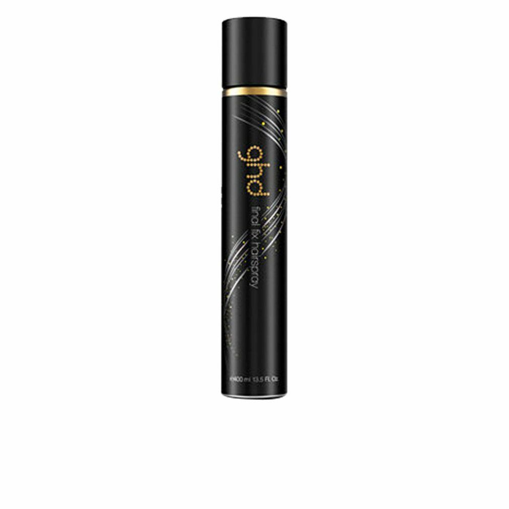 Schwarze Haarspray-Dose mit goldfarbenem Schriftzug "ghd" und "final fix hairspray".