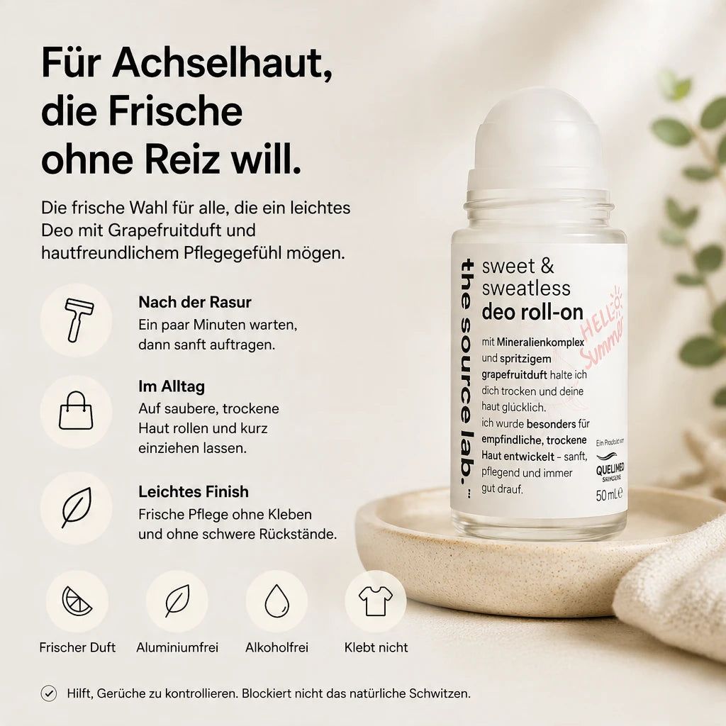 Deo Roll-On für empfindliche Haut: frisch, aluminiumfrei, alkoholfrei, klebt nicht.