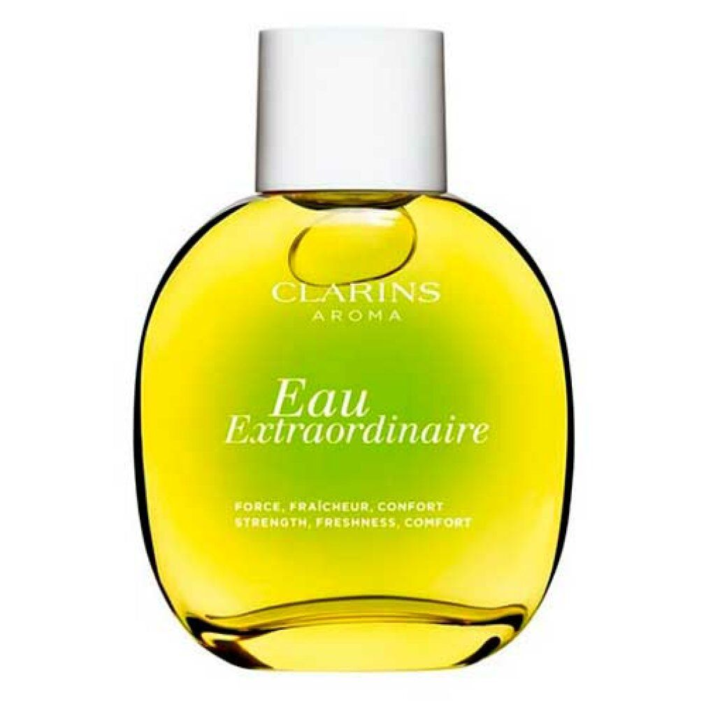Runde Flasche mit gelber Flüssigkeit. Aufschrift: Clarins Aroma Eau Extraordinaire. Weiße Kappe.